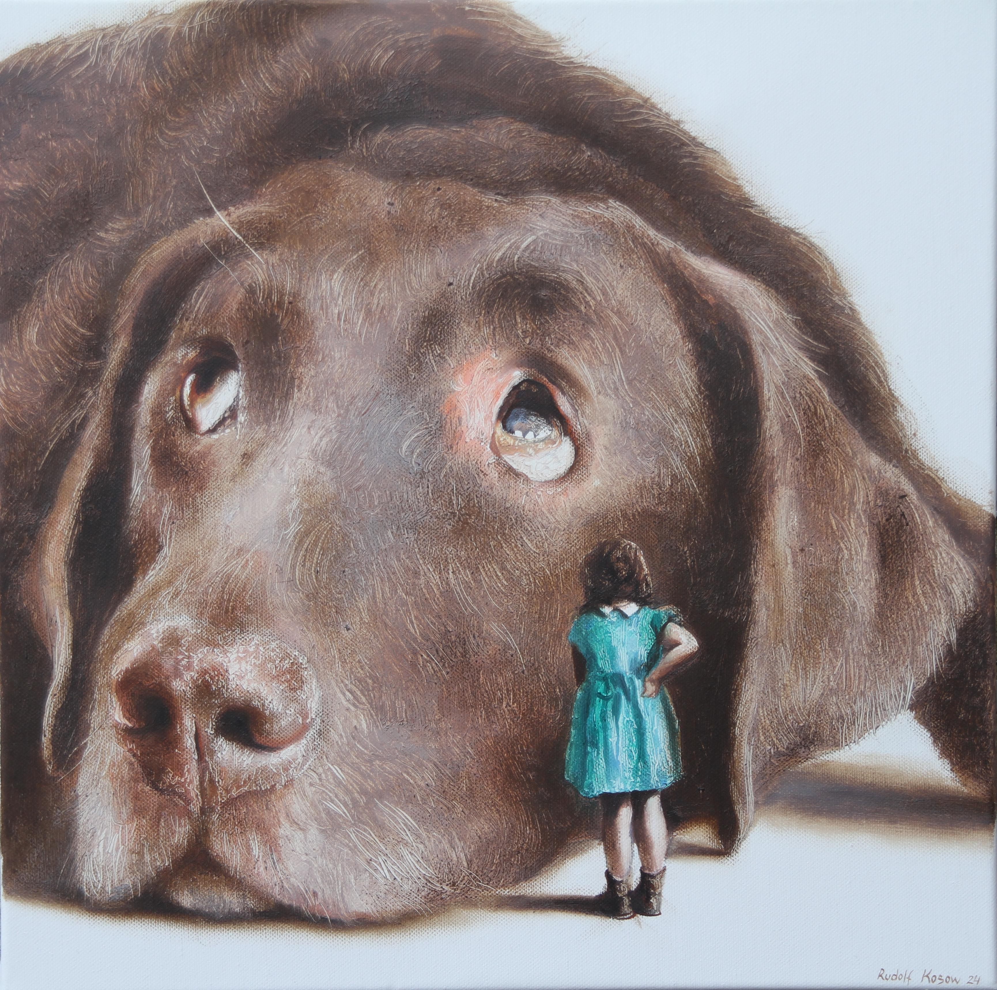 Shy (Lab pet dog, girl, Child, vintage dress, animal, surrealist oil painting - Painting by Rudolf Kosow