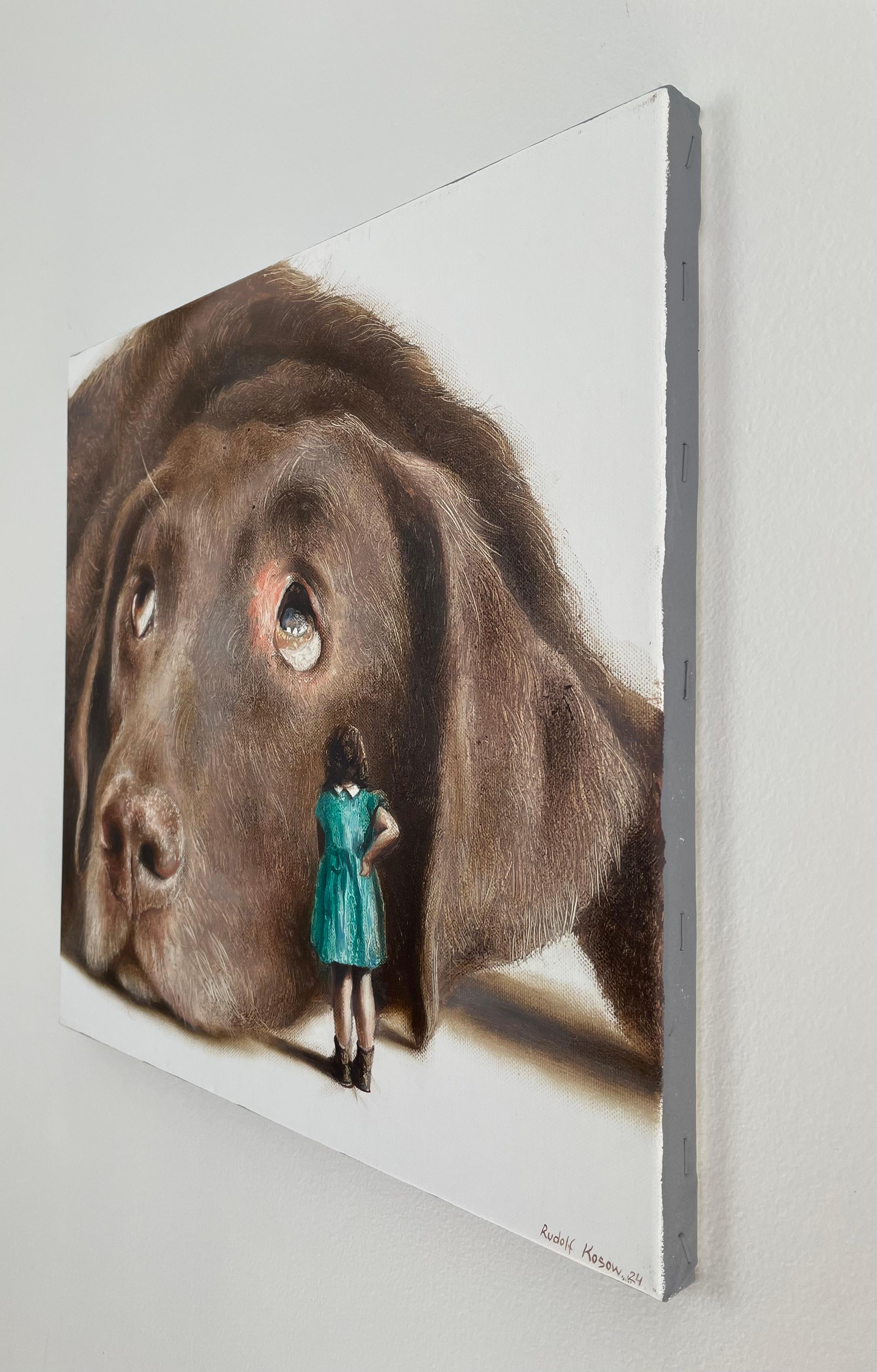 Shy (Lab pet dog, girl, Child, vintage dress, animal, surrealist oil painting For Sale 2