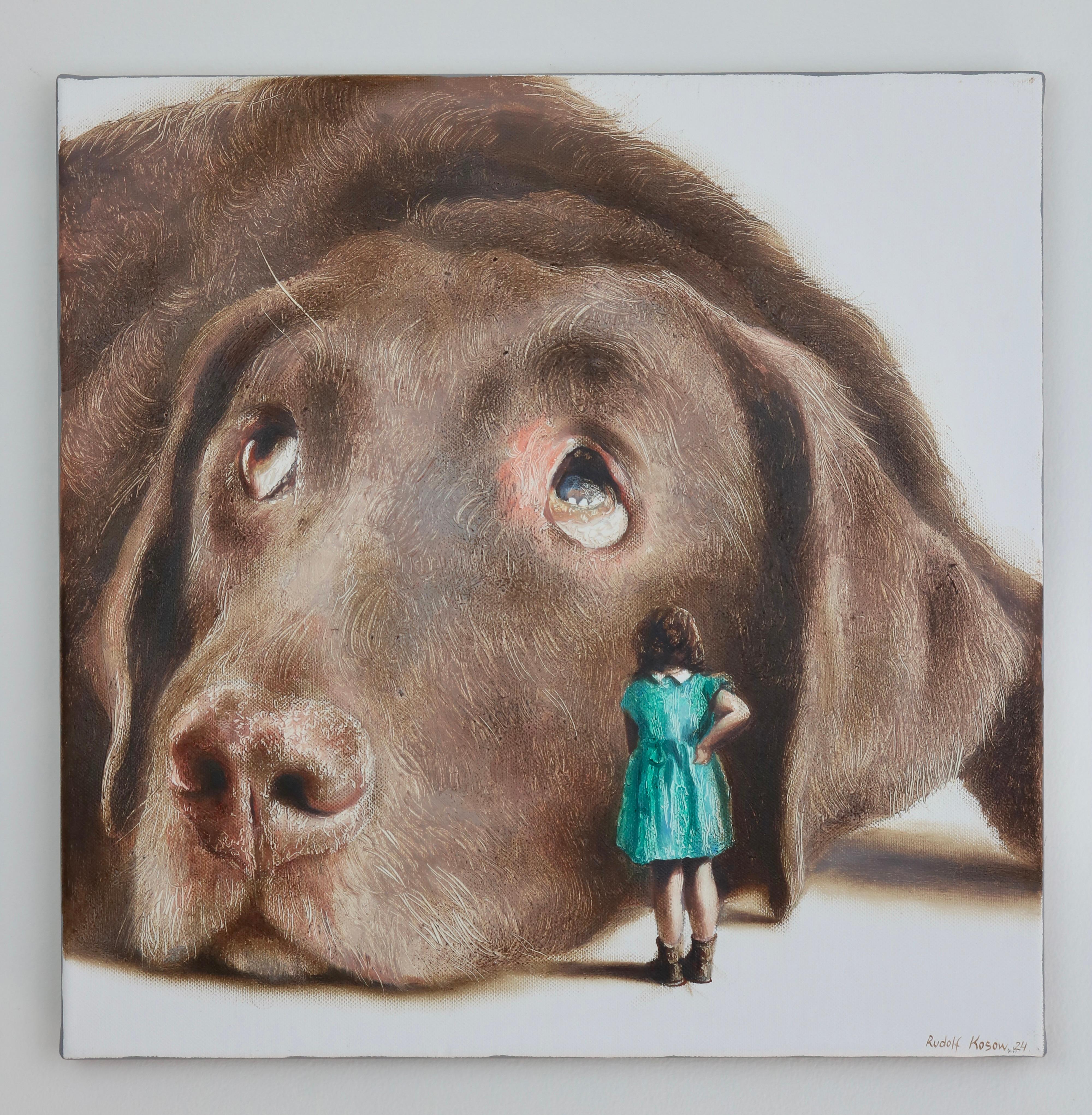 Shy (Lab pet dog, girl, Child, vintage dress, animal, surrealist oil painting For Sale 4