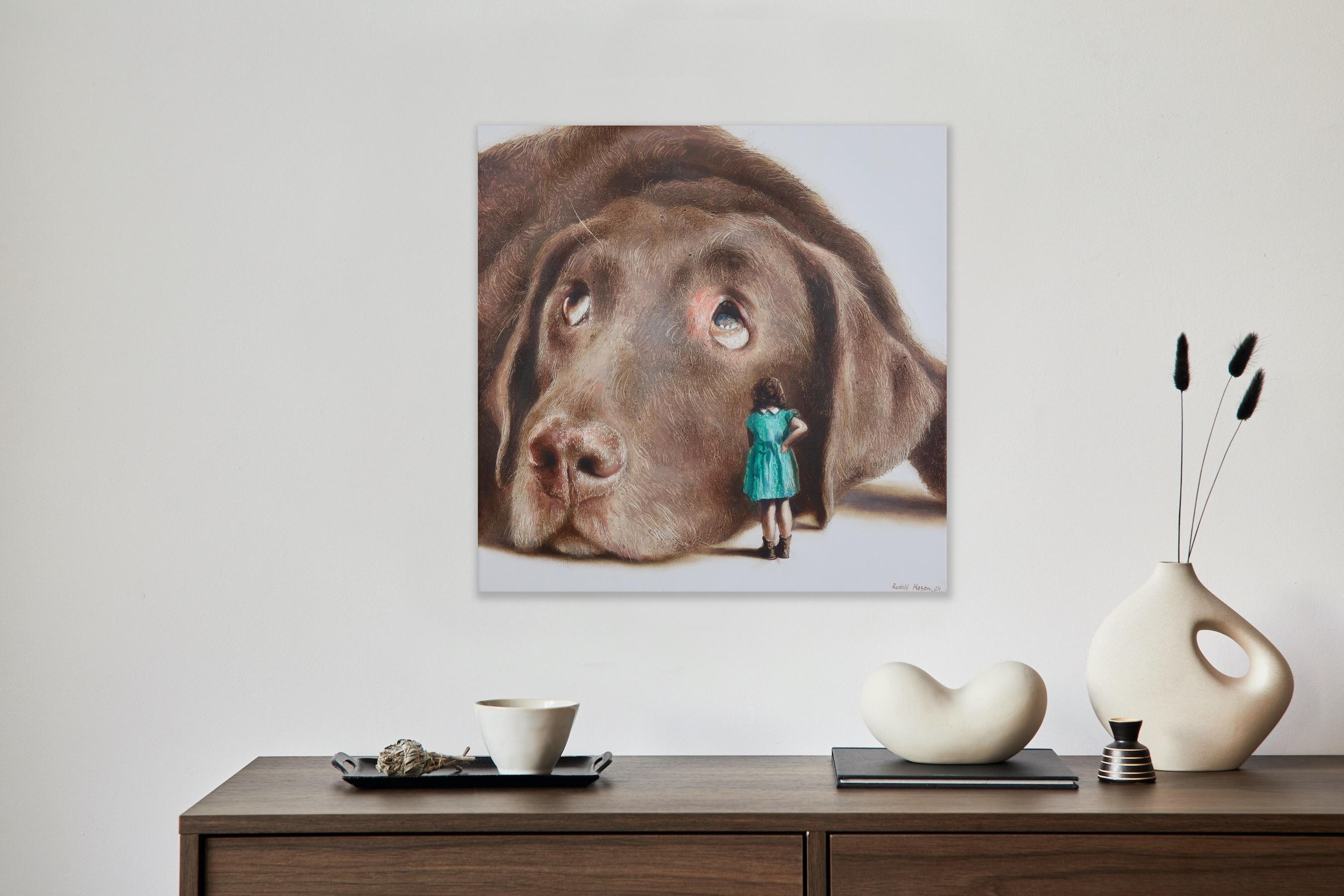 Shy (Lab pet dog, girl, Child, vintage dress, animal, surrealist oil painting For Sale 5