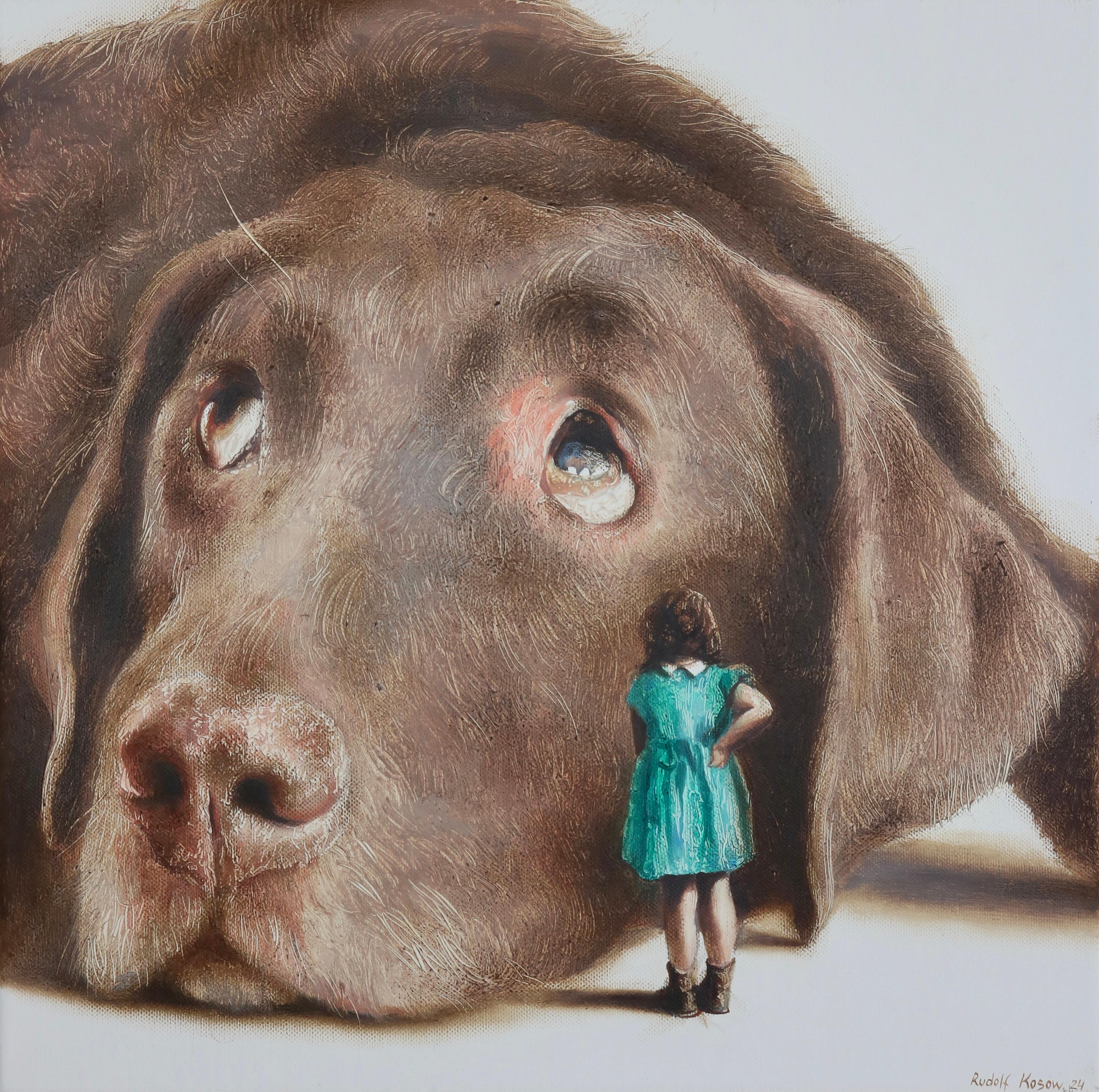 Rudolf Kosow Animal Painting – Shy (Lab Haustierhund, Mädchen, Kind, Vintage-Kleid, Tier, Surrealistisches Ölgemälde