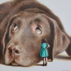 Shy (Lab Haustierhund, Mädchen, Kind, Vintage-Kleid, Tier, Surrealistisches Ölgemälde