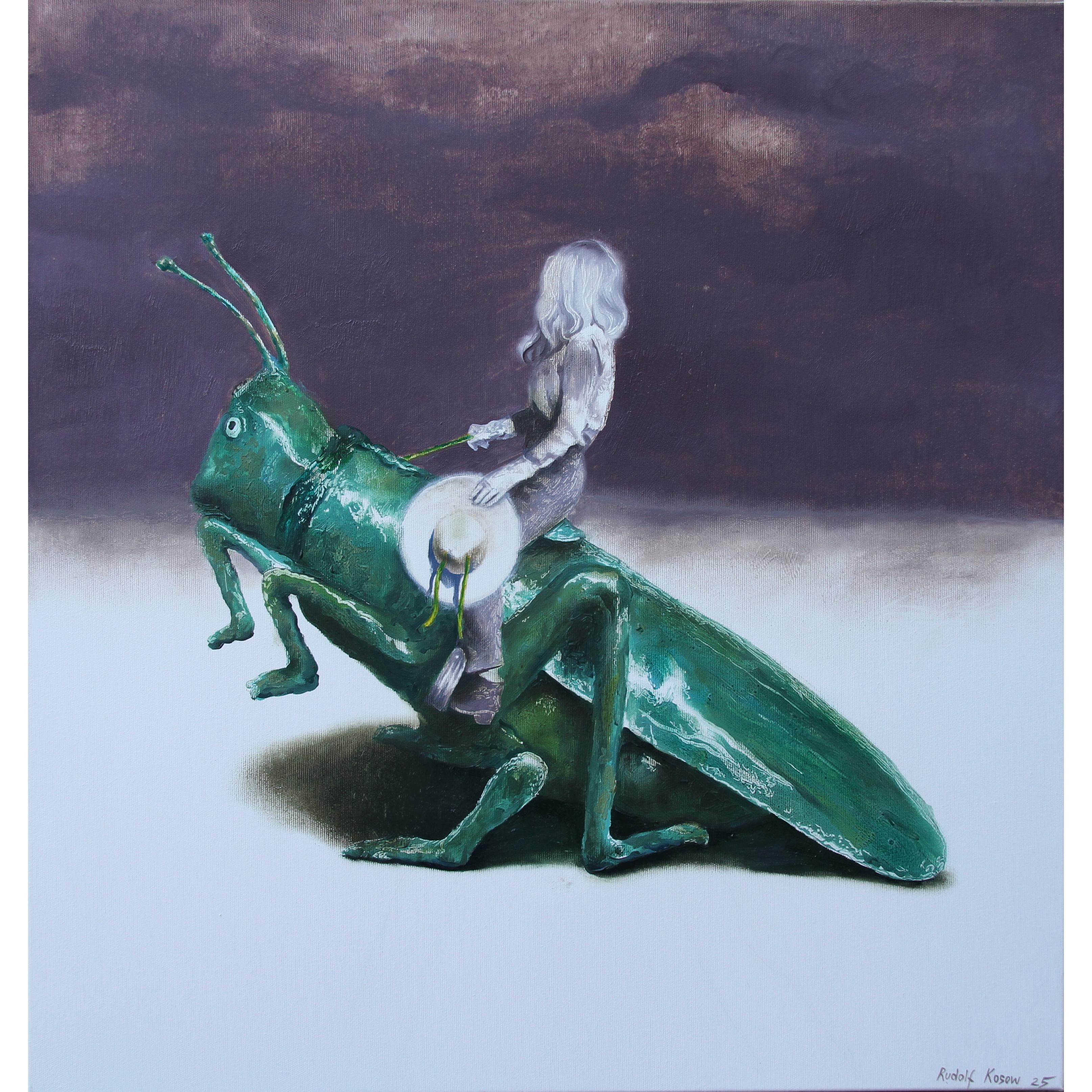 Silent Story(lustiges surrealistisches Ölgemälde Cowgirl Rodeo grüner Grashüpfer Insekt – Painting von Rudolf Kosow