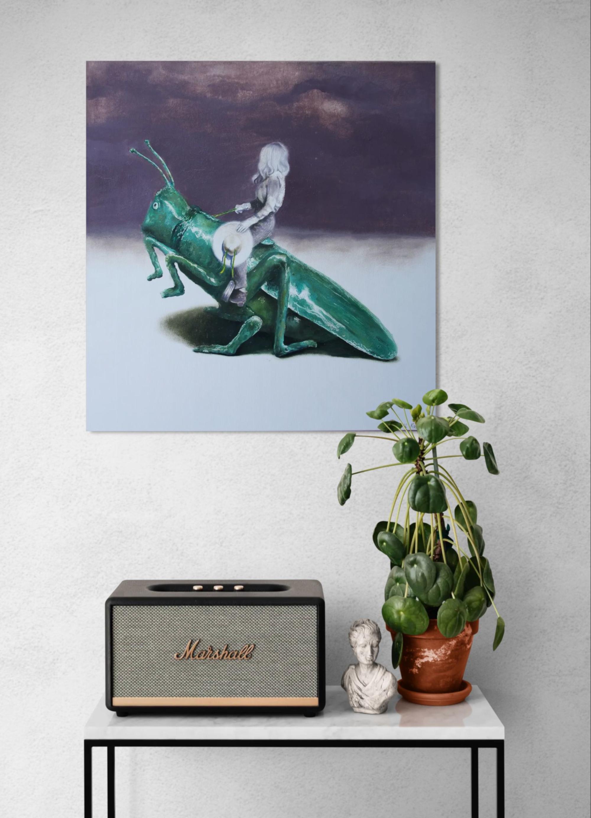 Silent Story(lustiges surrealistisches Ölgemälde Cowgirl Rodeo grüner Grashüpfer Insekt (Surrealismus), Painting, von Rudolf Kosow