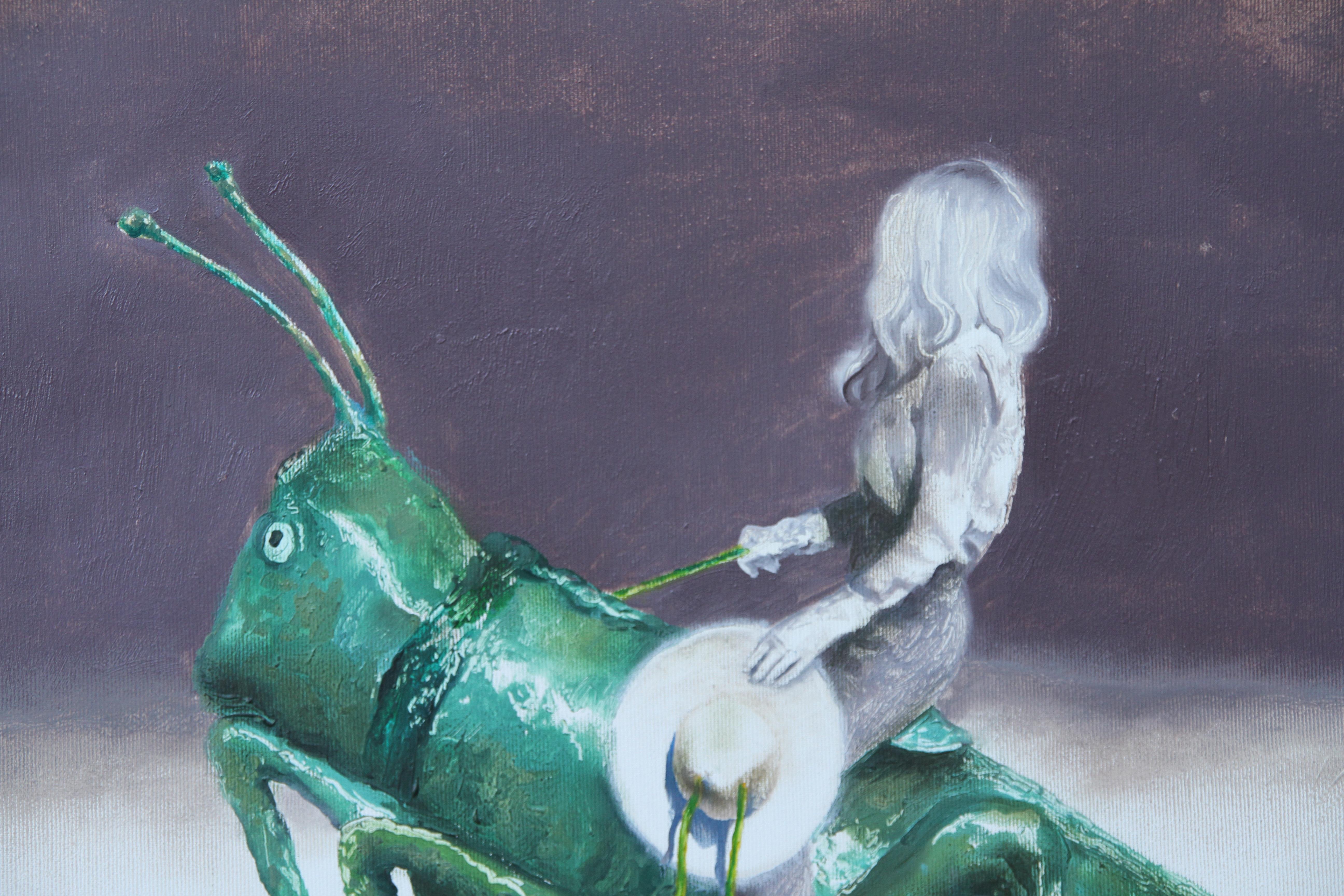 Silent Story(lustiges surrealistisches Ölgemälde Cowgirl Rodeo grüner Grashüpfer Insekt (Schwarz), Animal Painting, von Rudolf Kosow