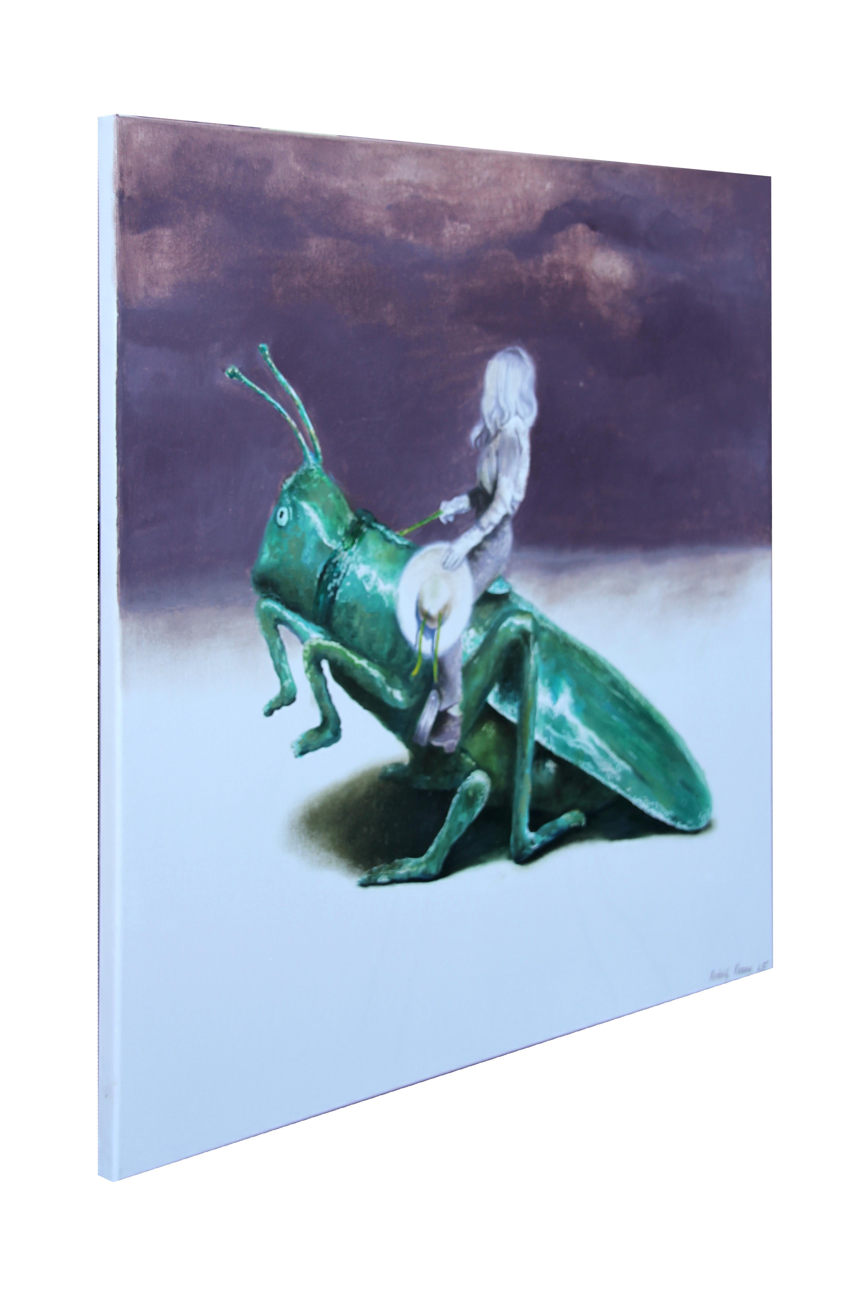 Silent Story(lustiges surrealistisches Ölgemälde Cowgirl Rodeo grüner Grashüpfer Insekt im Angebot 1