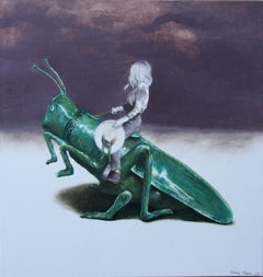 Silent Story(peinture à l'huile surréaliste drôle de cowgirl rodéo vert insecte grasshoper