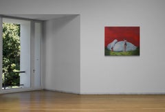 Soulmate (white Swan Woman bather red green vintage surrealist oil painting)