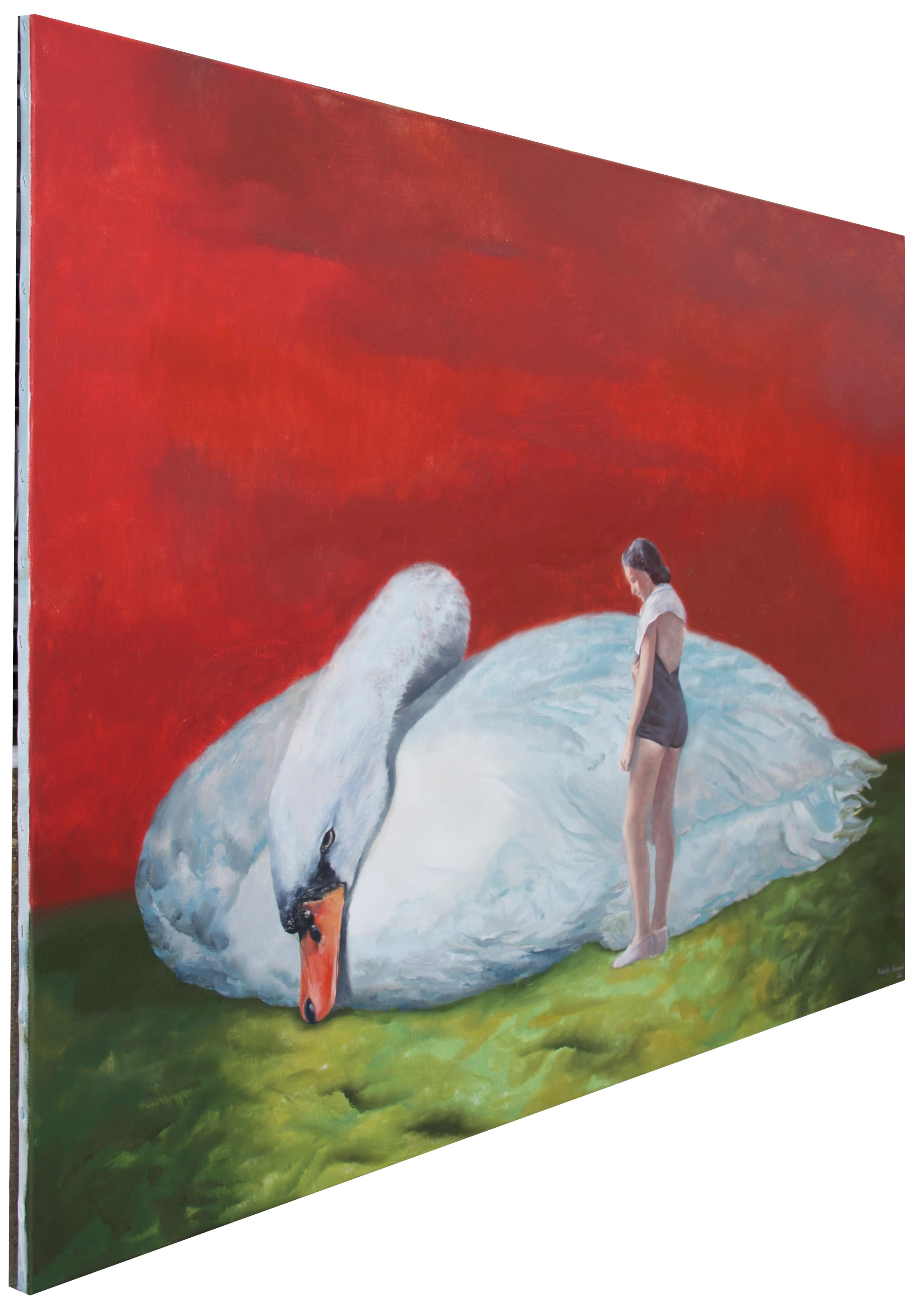 Soulmate is a superbe original painting on canvas depicting a woman bather next to a giant white Swan on a green lawn against an intense red sky.

keywords; white Swan, woman bather, red, green, americana, surrealism, vintage, oil painting,