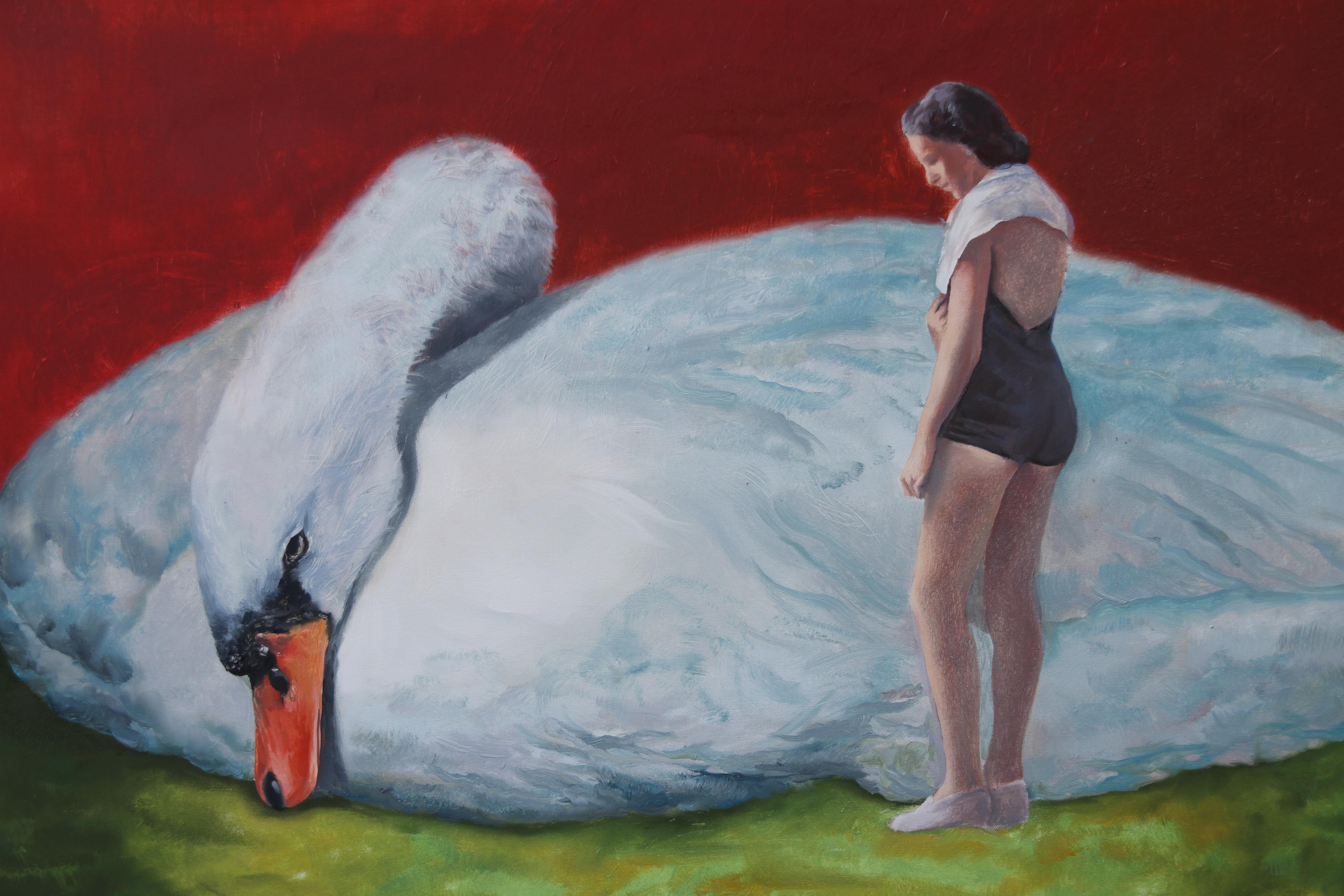 Rudolf Kosow Figurative Painting - Soulmate (white Swan Woman bather red green vintage surrealist oil painting)