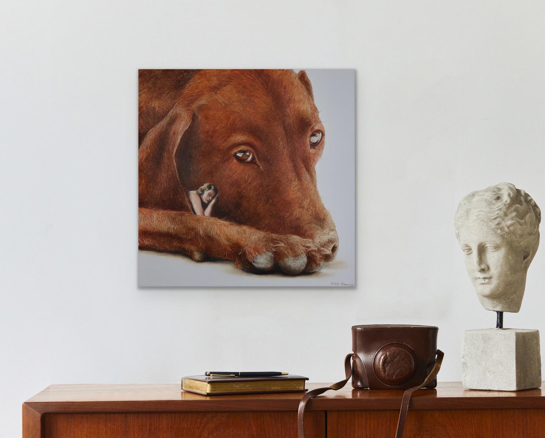 Soulmates (brown pet dog, lady, vintage, animal, surrealist oil painting) For Sale 7