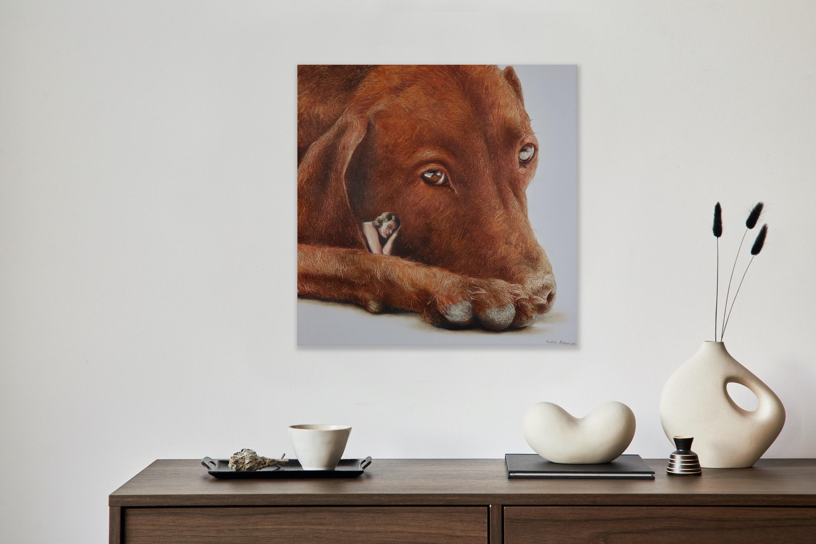 Soulmates (brown pet dog, lady, vintage, animal, surrealist oil painting) For Sale 8