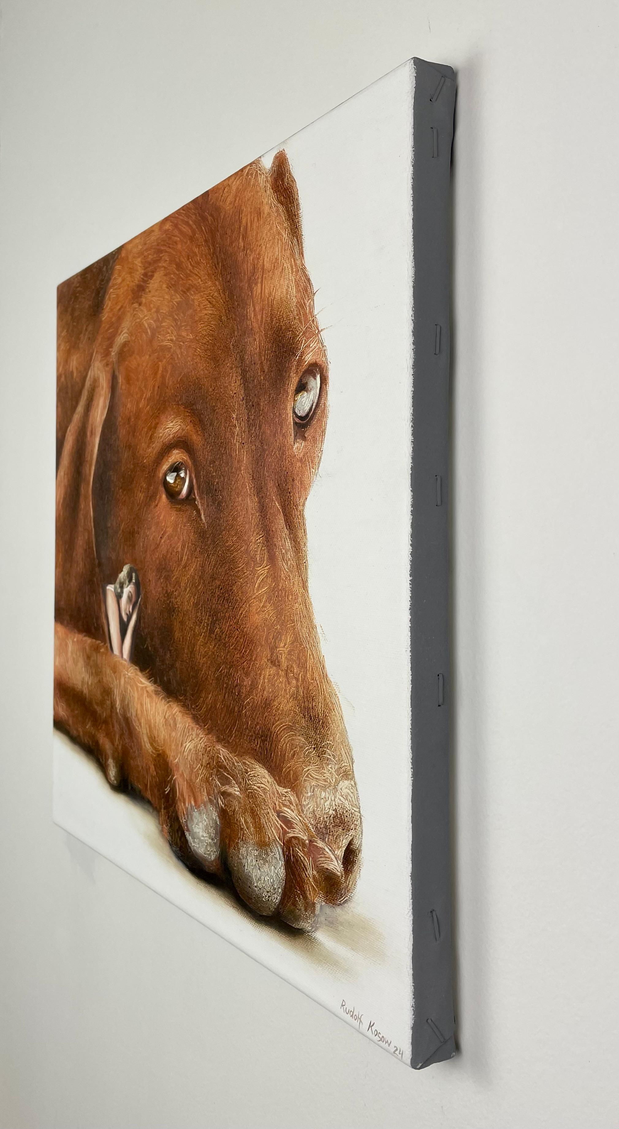 Soulmates (brown pet dog, lady, vintage, animal, surrealist oil painting) For Sale 2