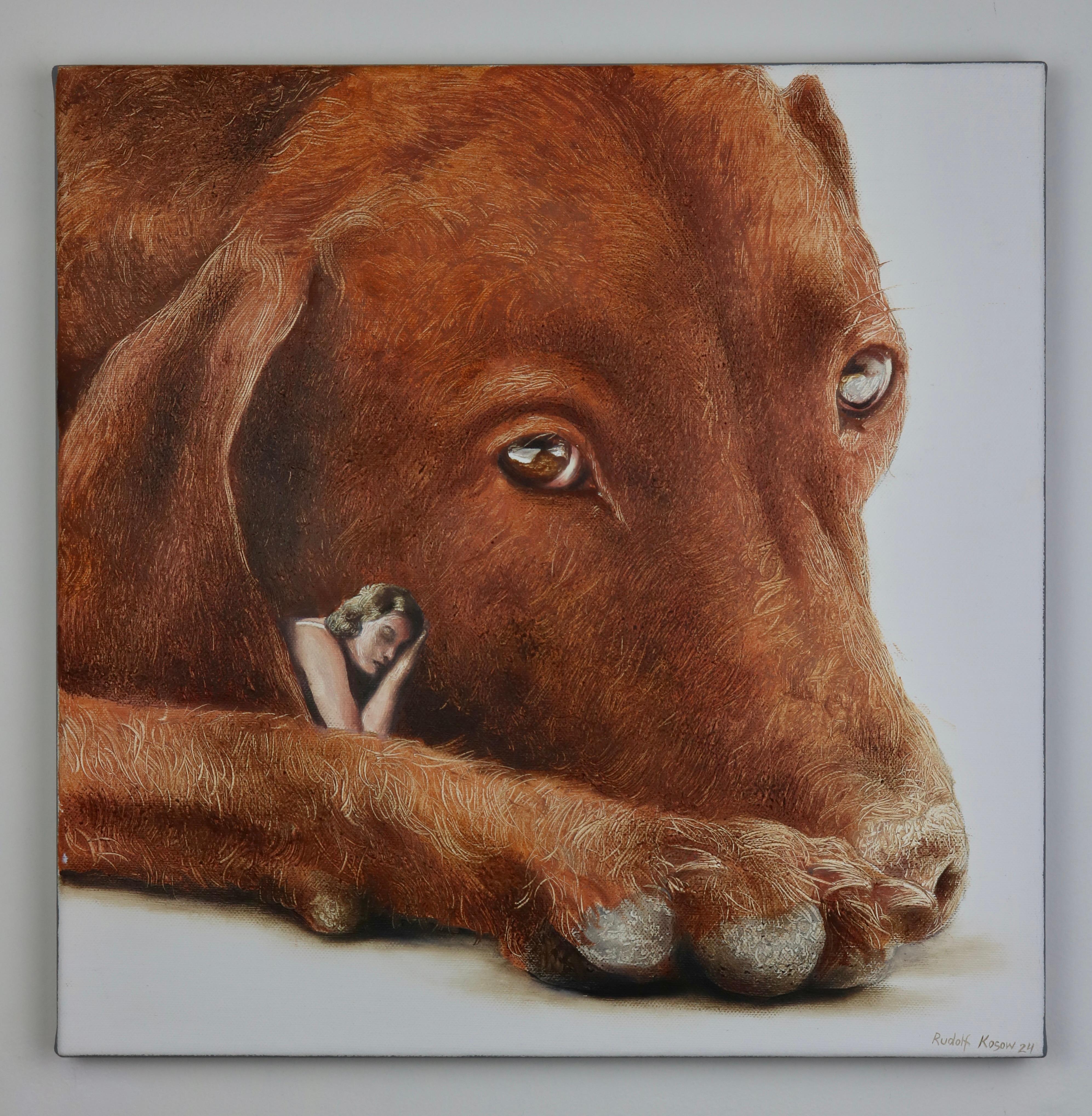 Soulmates (brown pet dog, lady, vintage, animal, surrealist oil painting) For Sale 3