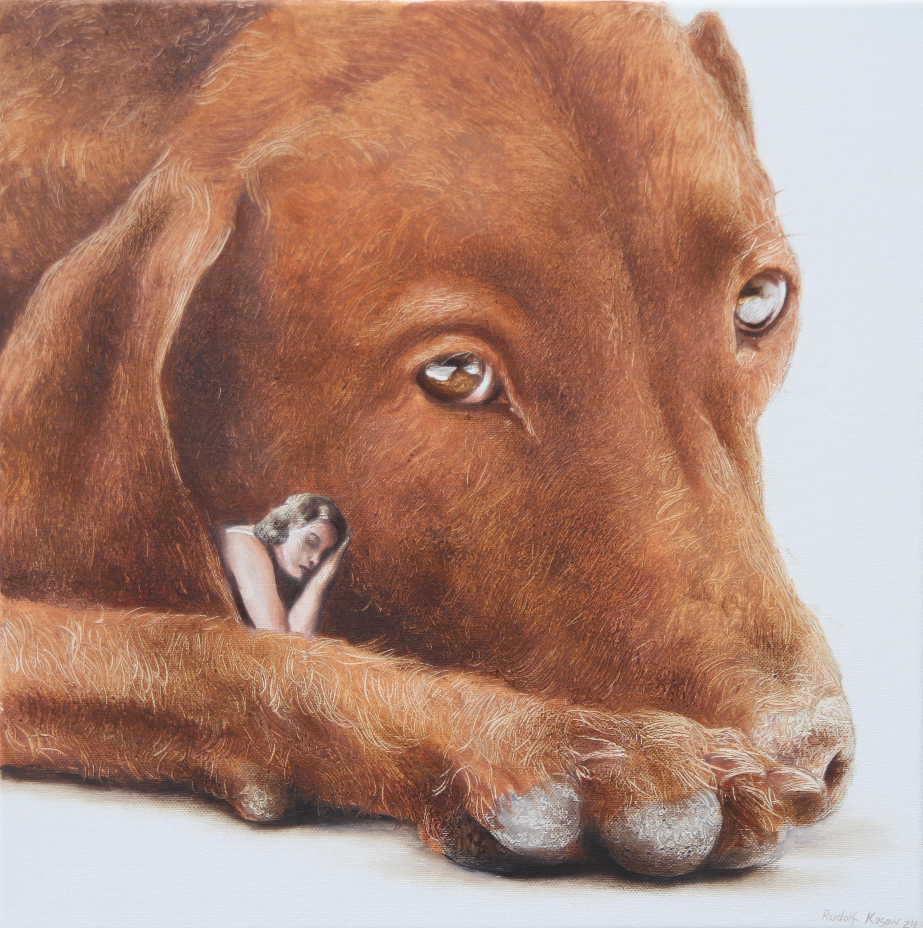 Soulmates (brauner Hund, Dame, Vintage, Tier, surrealistisches Ölgemälde) – Painting von Rudolf Kosow