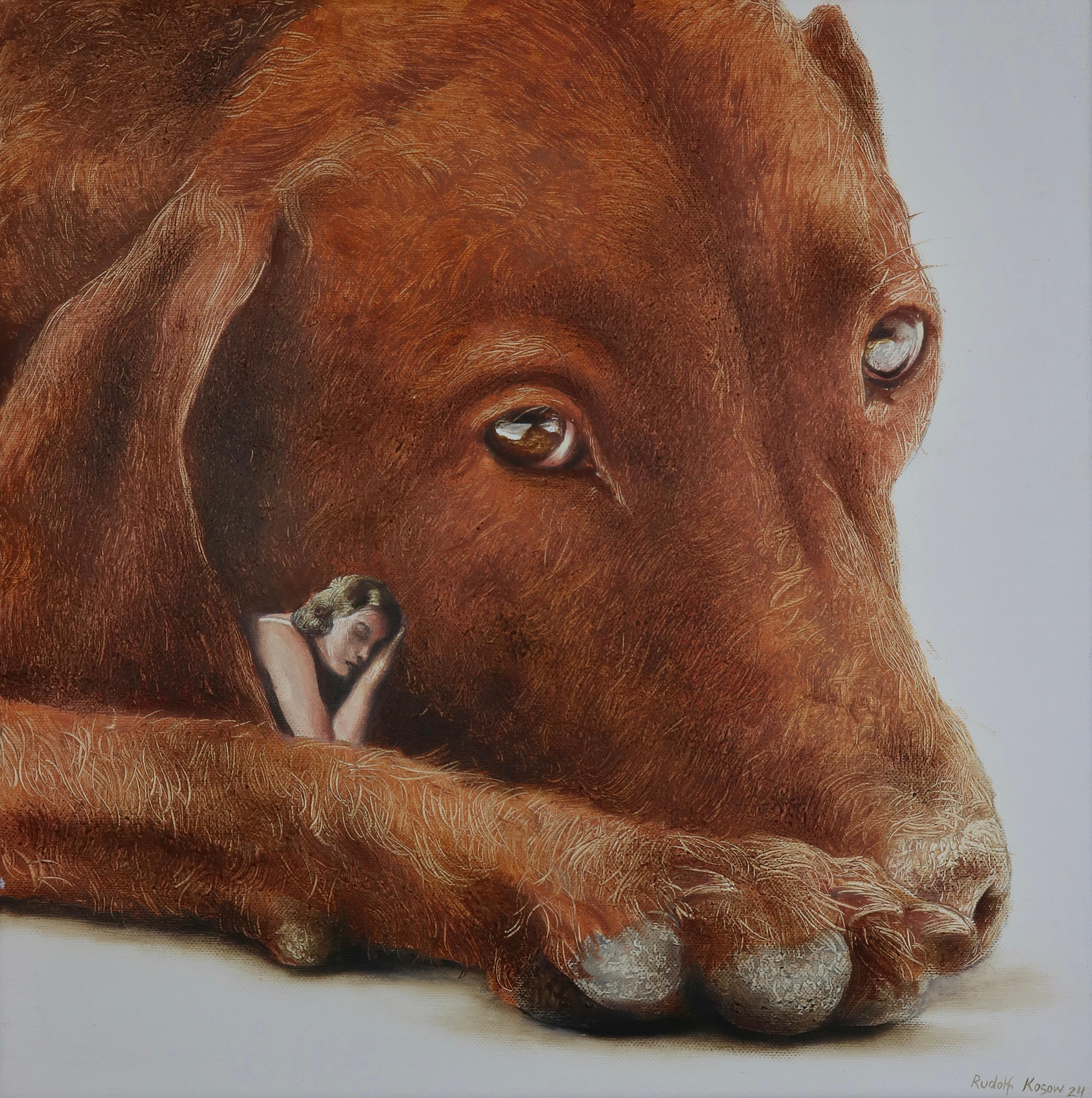 Soulmates (brown pet dog, lady, vintage, animal, surrealist oil painting)
