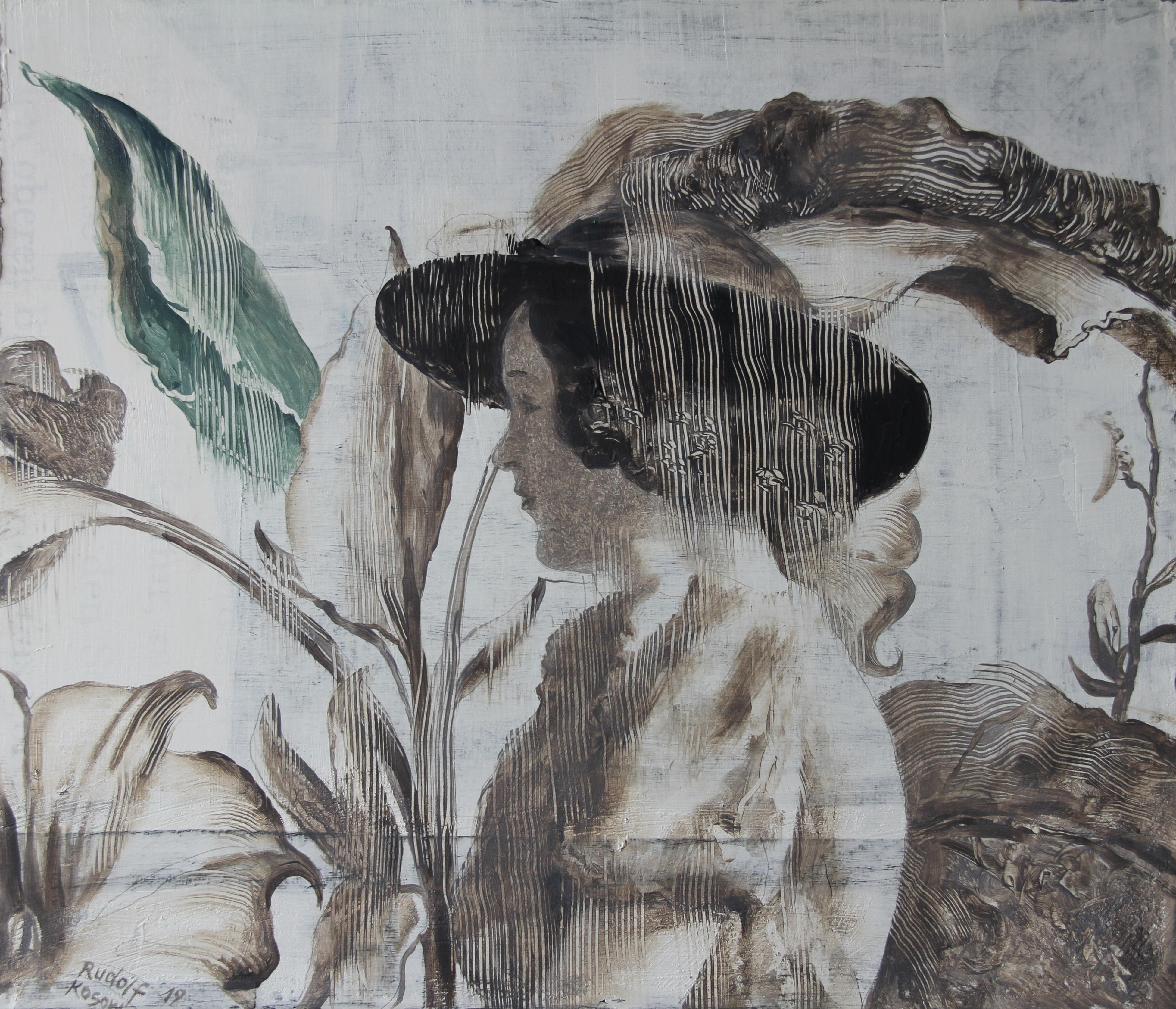 Stramonia (peinture à l'huile monochrome, art vintage, portrait de femme avec chapeau, tons terreux)