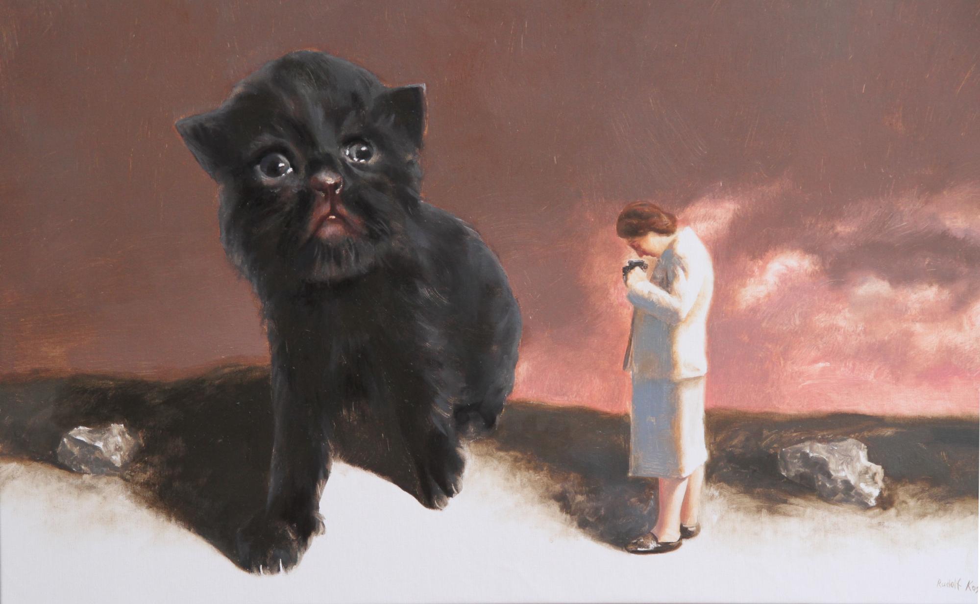 Rudolf Kosow Figurative Painting - Stranger (black kitten woman nostalgia vintage photograph enigma earth tones)