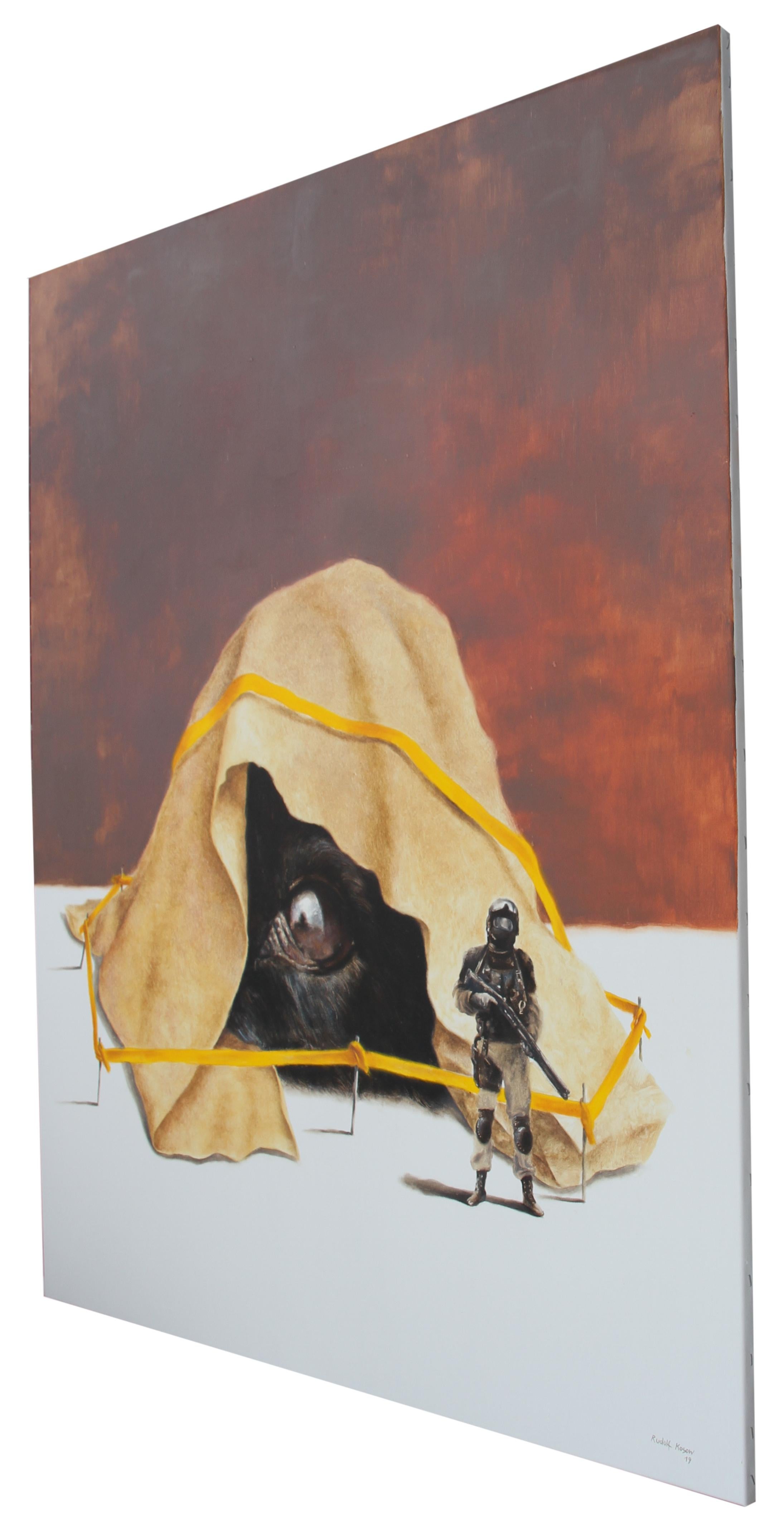 Stranger (dog soldier cop surrealist crime scene oil painting yellow tape) - Painting by Rudolf Kosow