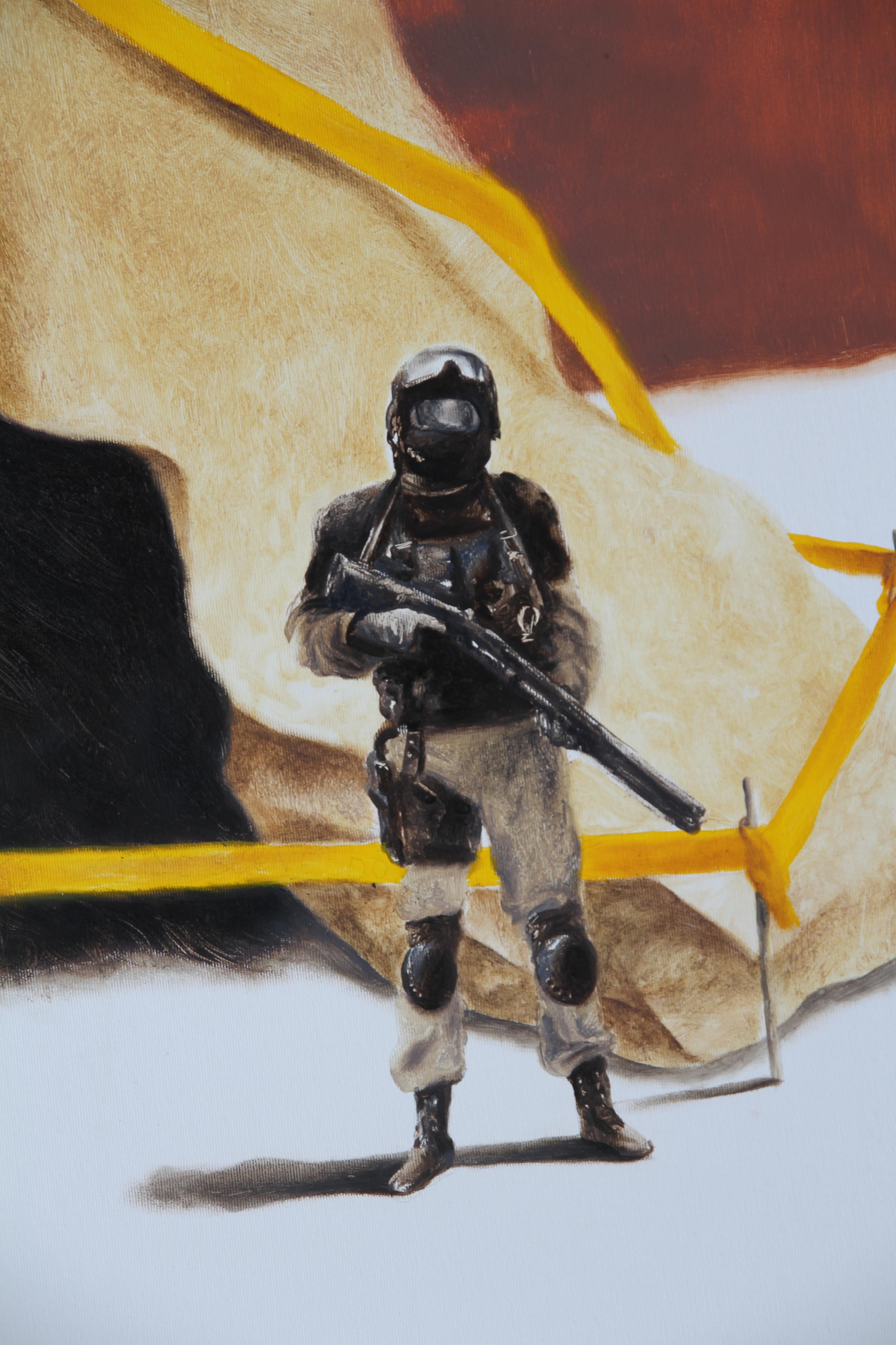 Stranger (dog soldier Cop Surrealistische Kriminalitätsssszene Ölgemälde gelbes Wandteppich) (Surrealismus), Painting, von Rudolf Kosow