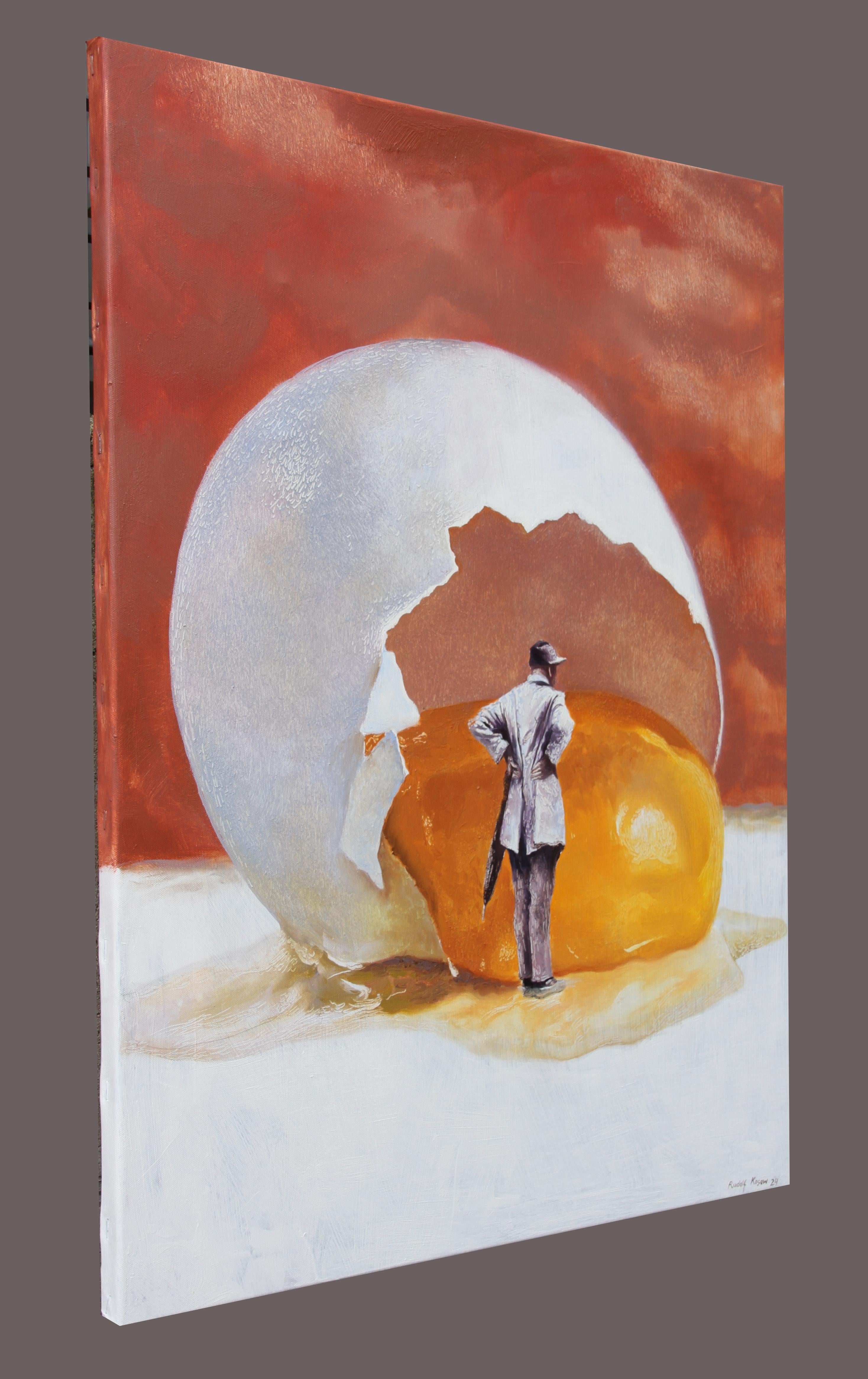 Esta impresionante pintura al óleo representa a un hombre vestido con ropa de época, de pie y un tanto perplejo ante la extraña visión de una gigantesca cáscara de huevo rota con su contenido de yema derramado por el suelo. 

palabras clave; pintura