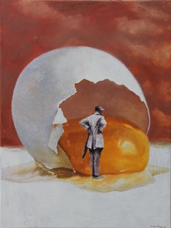 Such a mess (egg yolk, vintage man, egg shell, burnt red sky, surreal, painting)