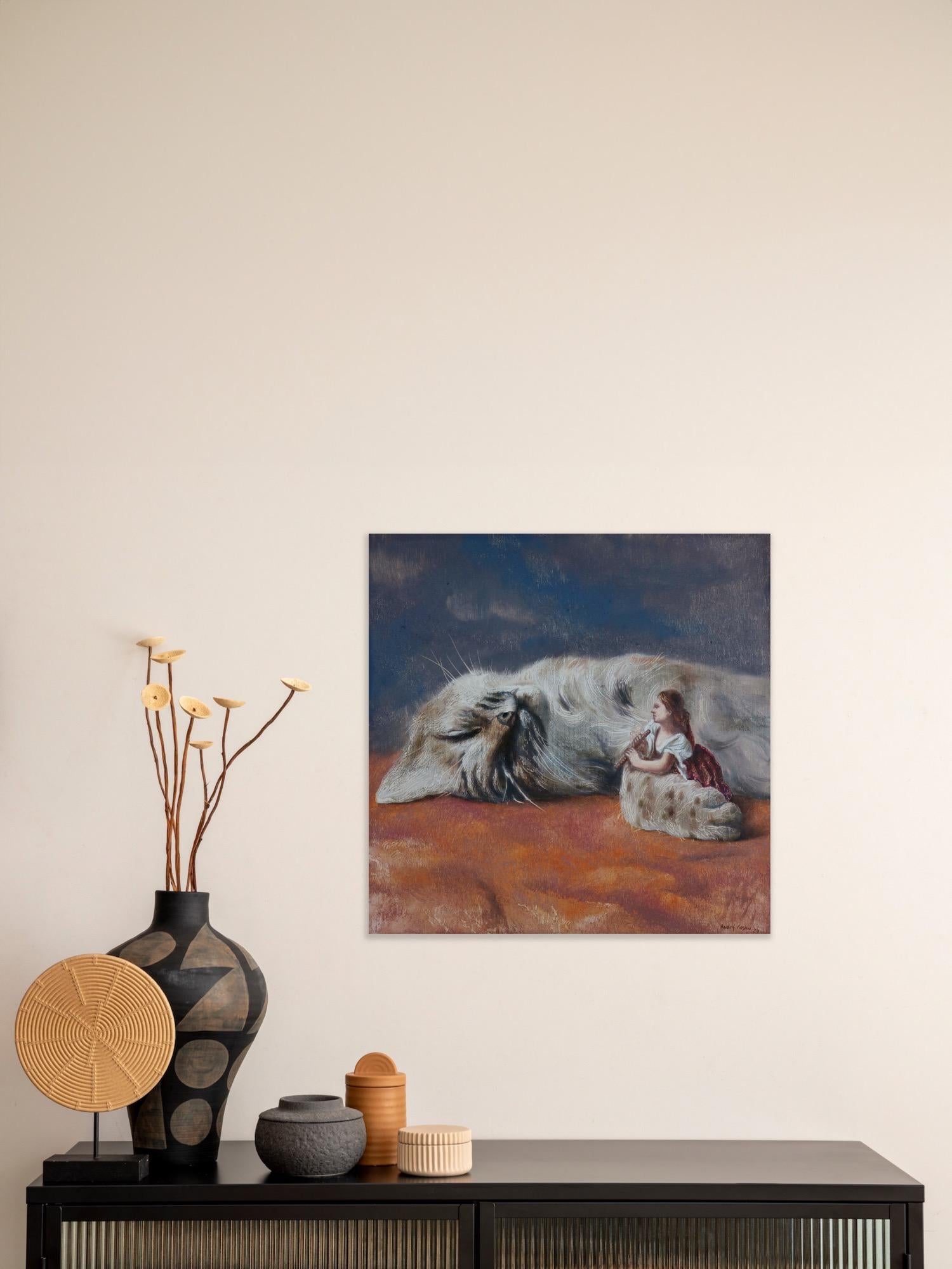 Sweet Sounds (cat, feline, lady, flute, vintage, animal, surrealist oil painting For Sale 6