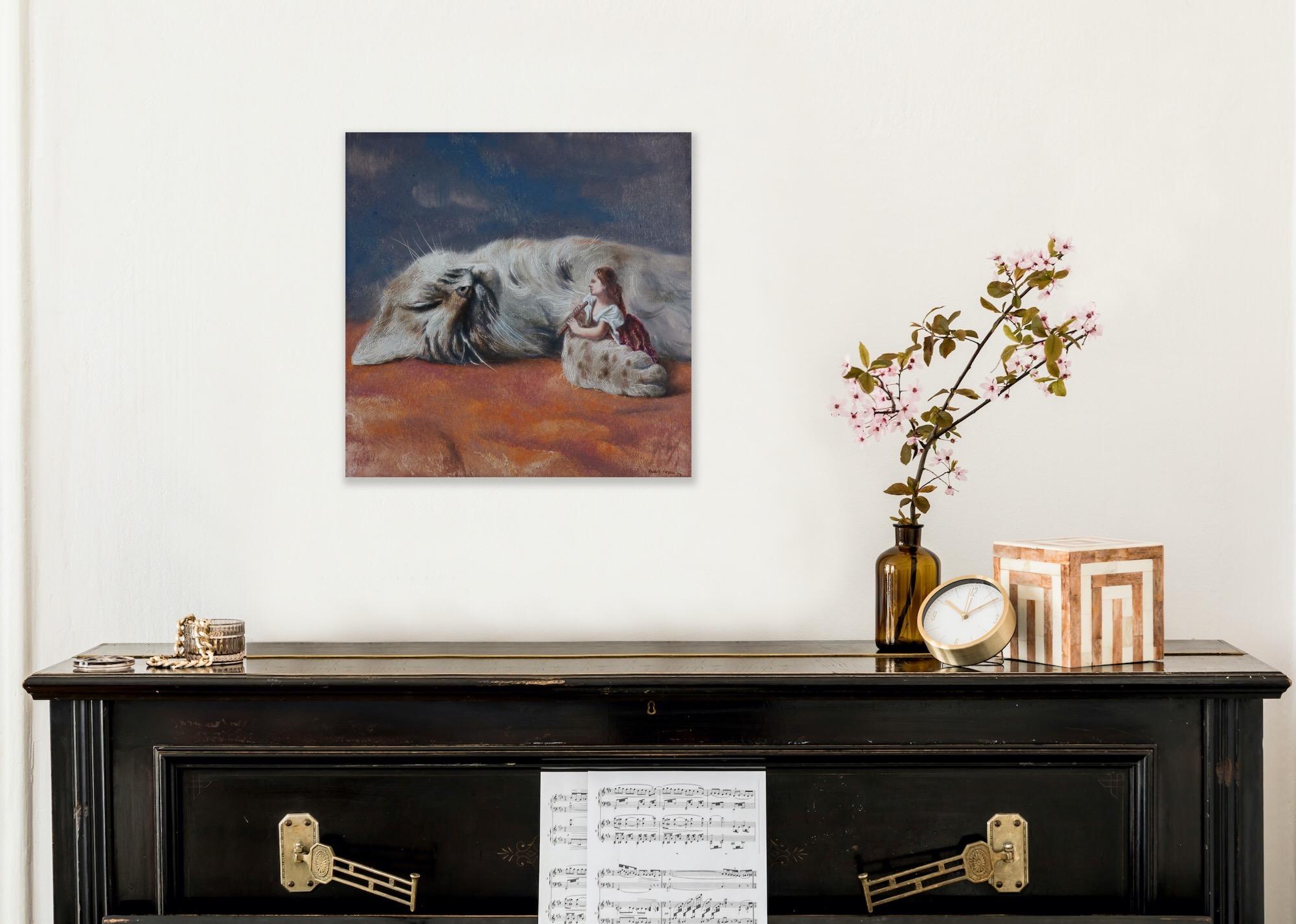 Sweet Sounds (cat, feline, lady, flute, vintage, animal, surrealist oil painting For Sale 2