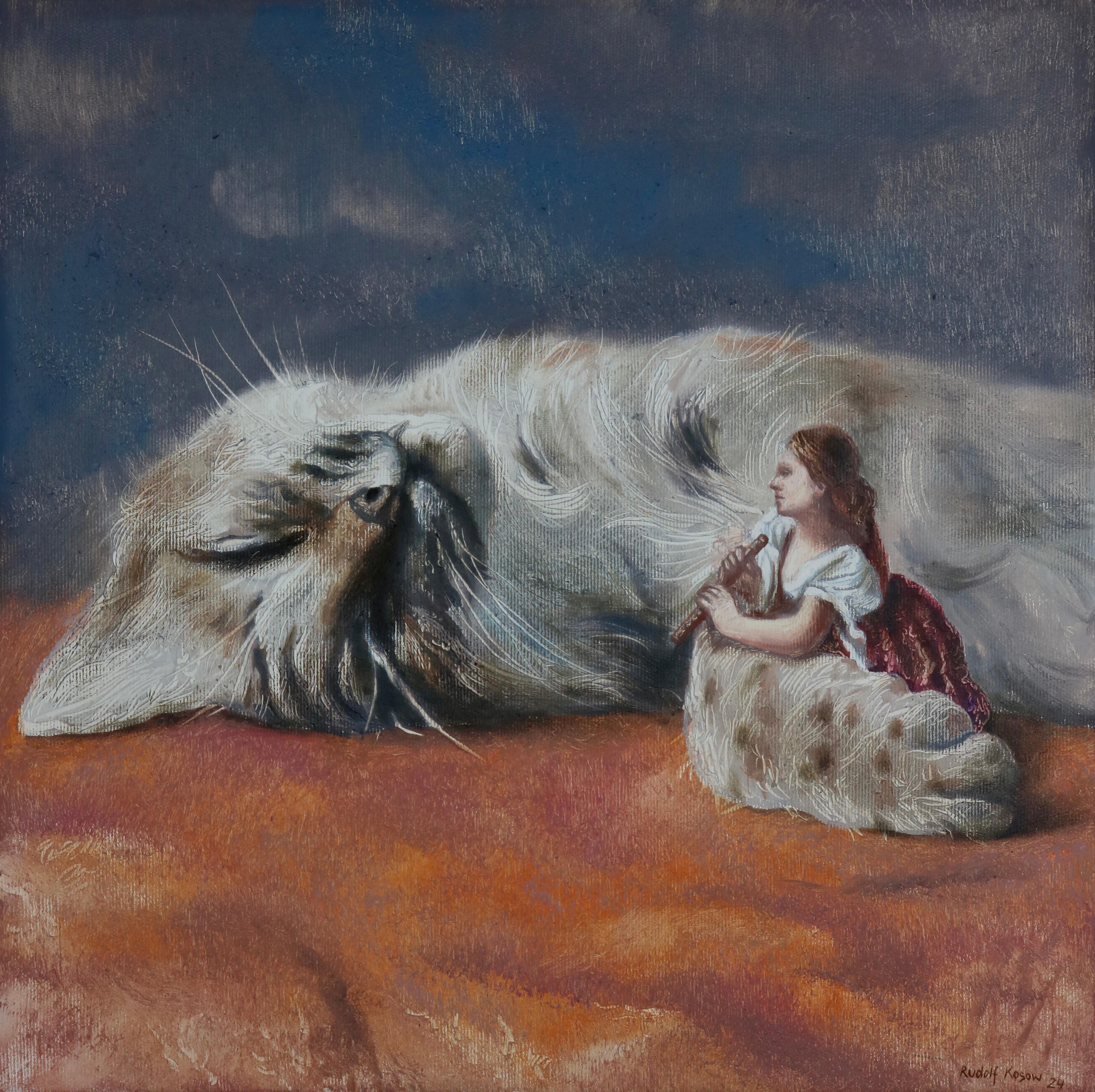 Sweet Sounds (cat, feline, lady, flute, vintage, animal, surrealist oil painting