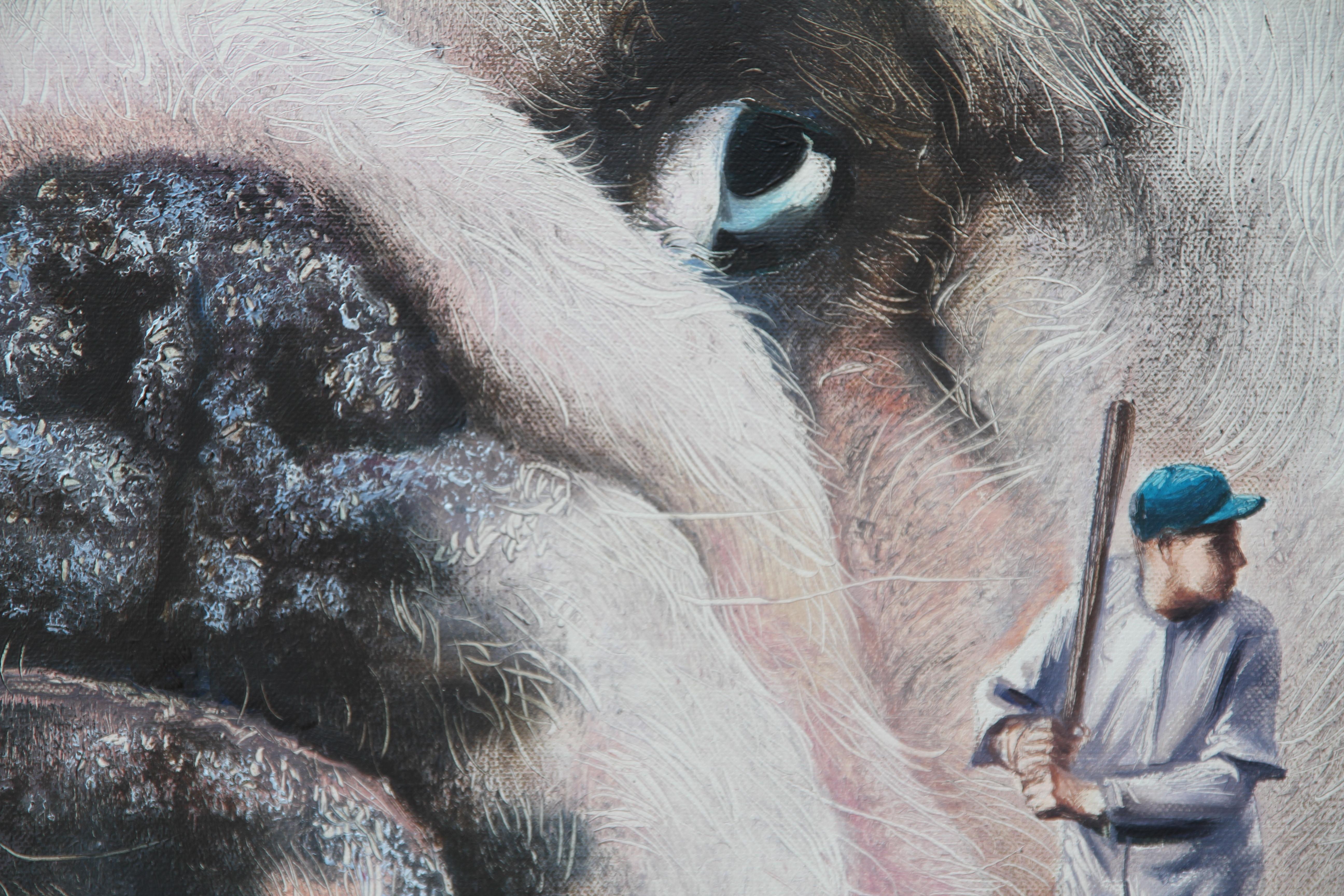 Tense (pet dog, bulldog, baseball, animal portrait art, surrealist oil painting) For Sale 5