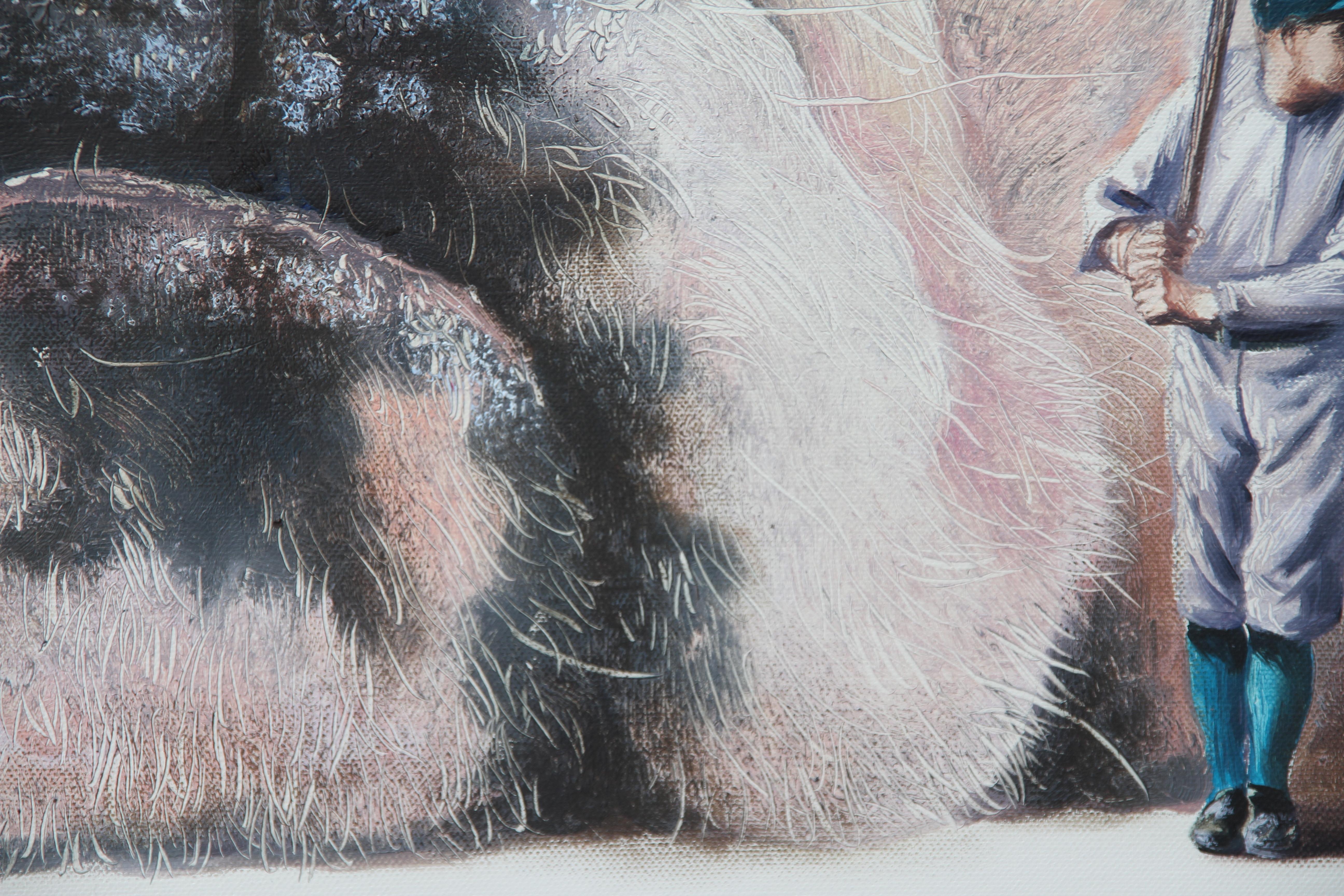 Tense (perro mascota, bulldog, béisbol, arte del retrato animal, pintura al óleo surrealista) en venta 5