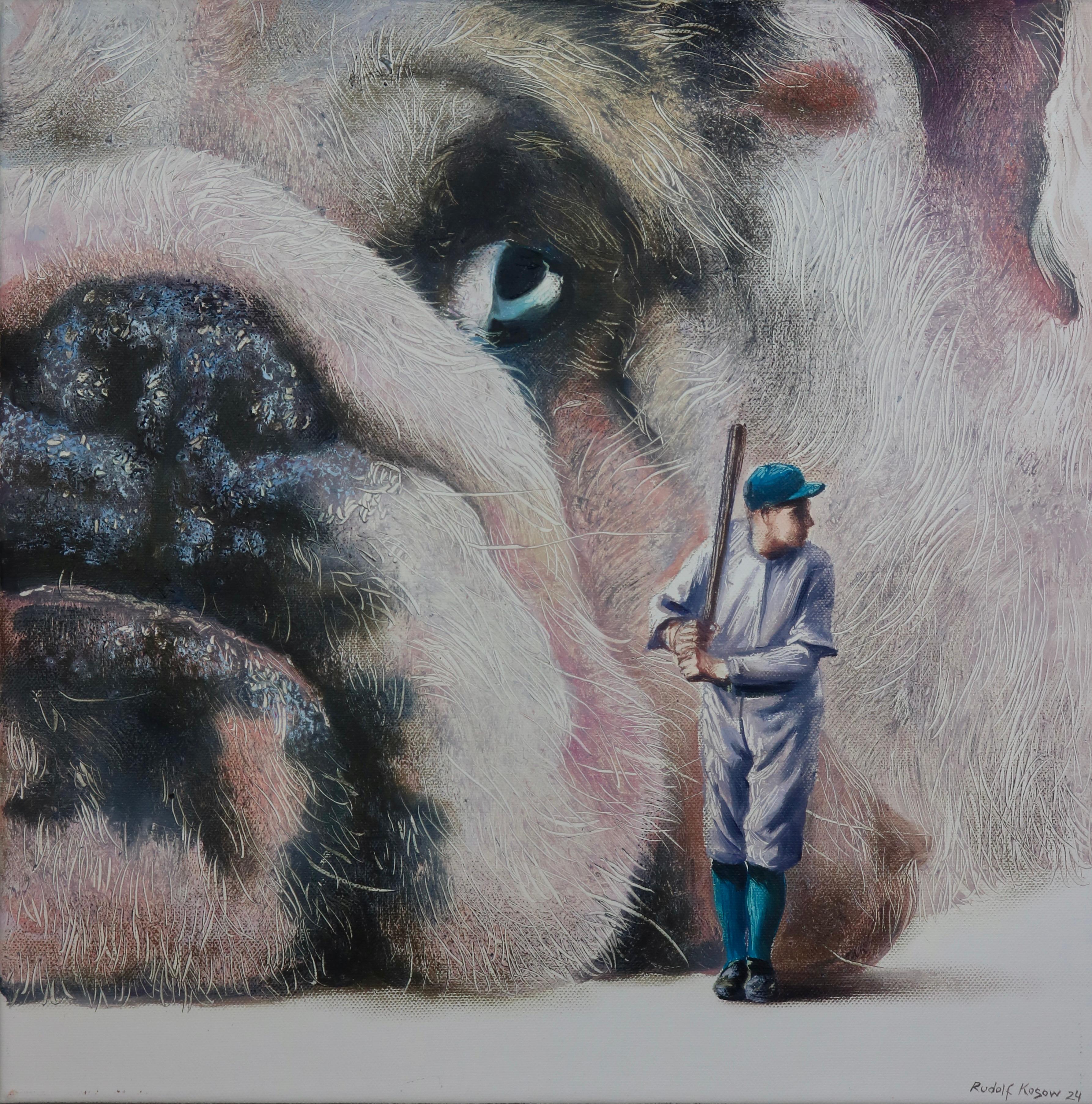 Rudolf Kosow Animal Painting - Tense (pet dog, bulldog, baseball, animal portrait art, surrealist oil painting)
