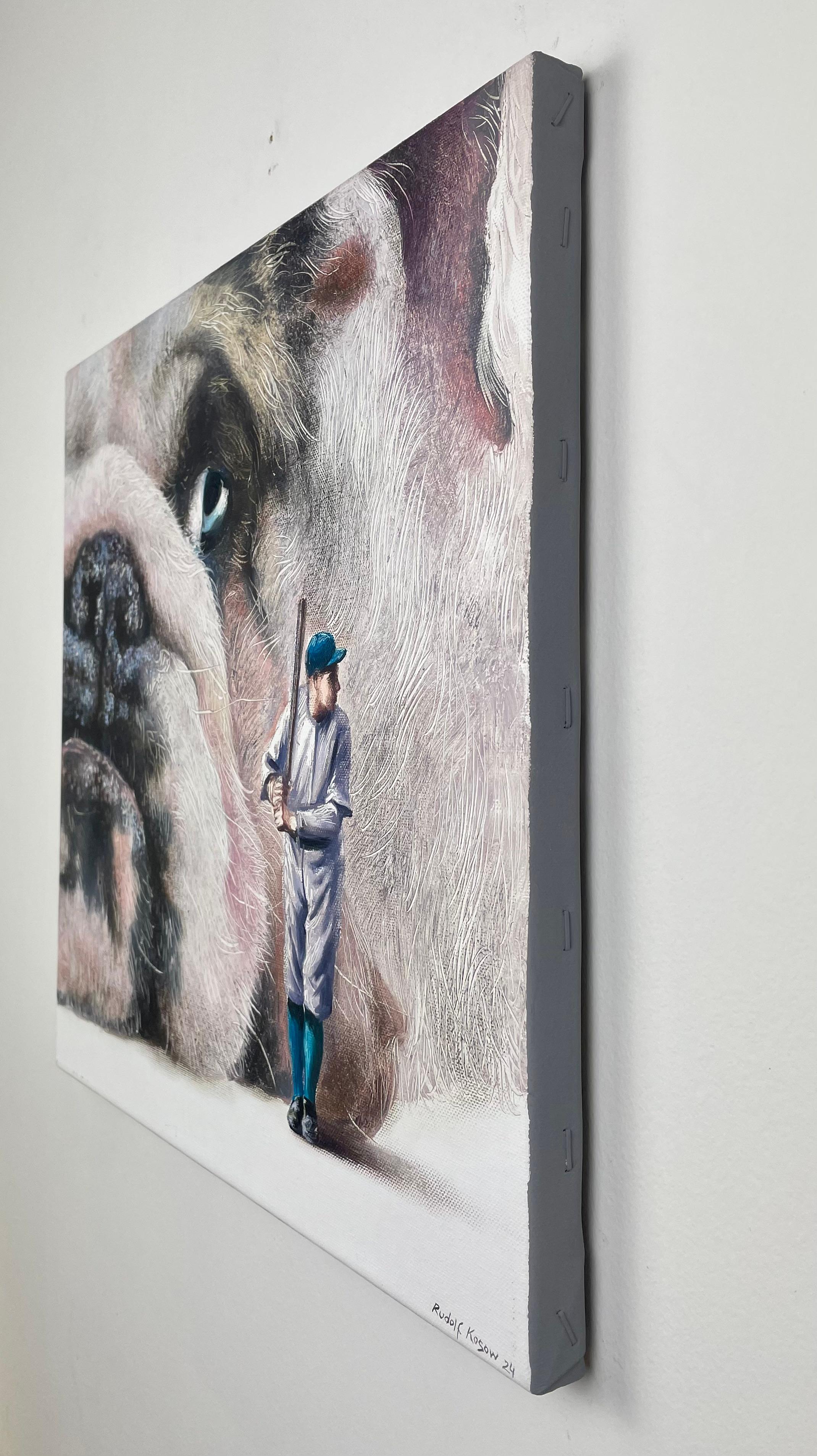 Tense (pet dog, bulldog, baseball, animal portrait art, surrealist oil painting) - Surrealist Painting by Rudolf Kosow