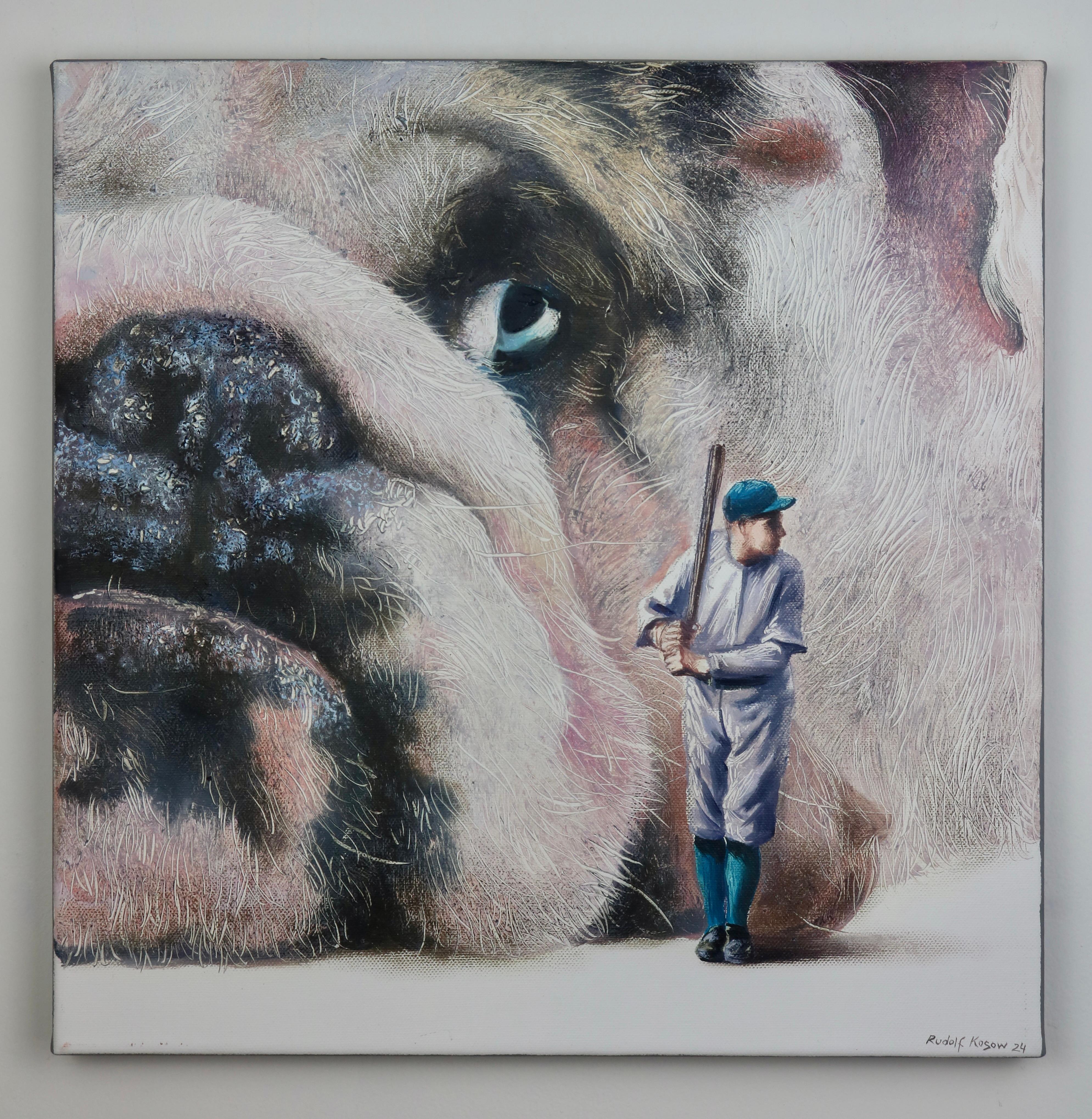 Tense (pet dog, bulldog, baseball, animal portrait art, surrealist oil painting) For Sale 3