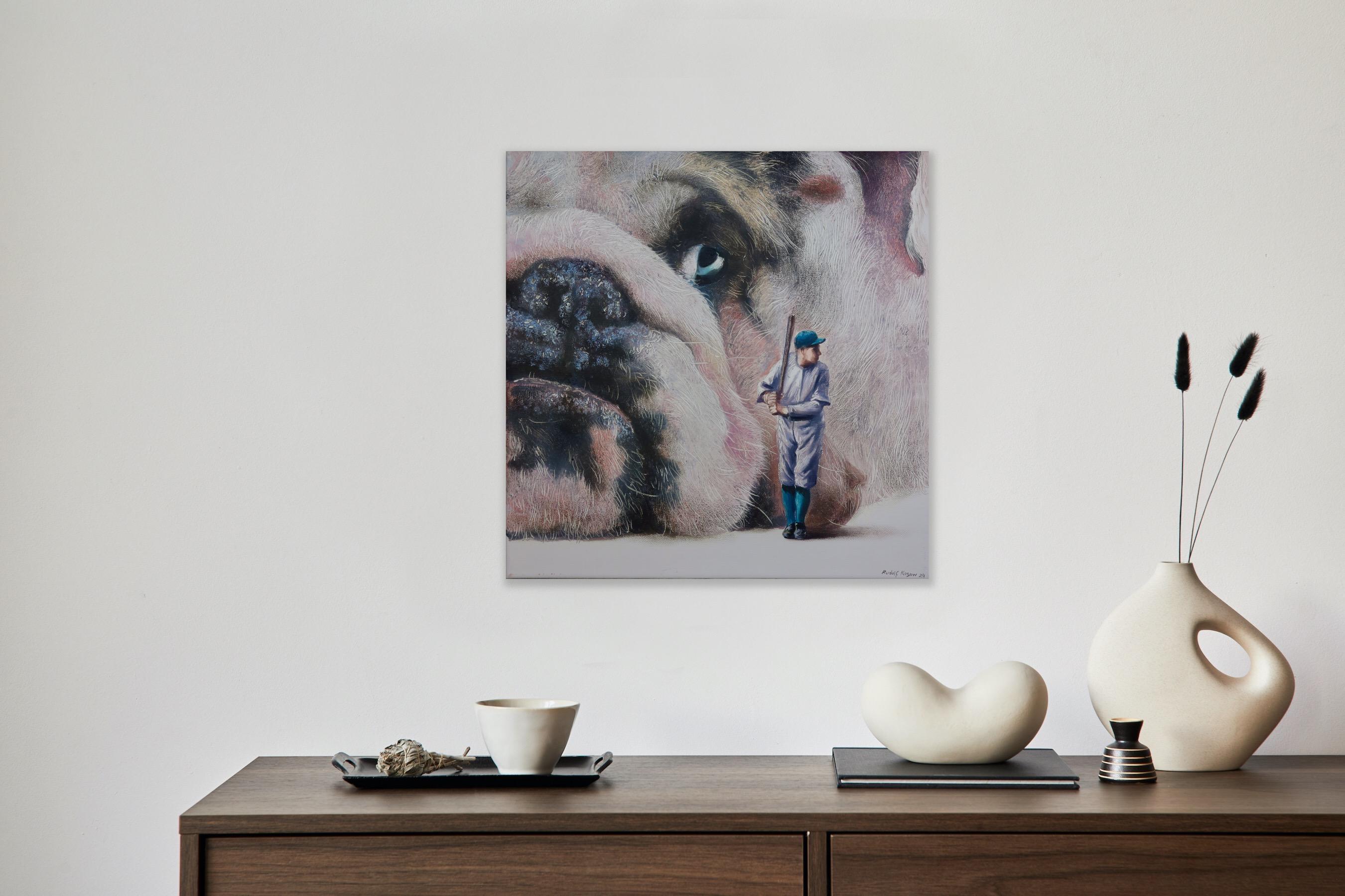 Tense (pet dog, bulldog, baseball, animal portrait art, surrealist oil painting) For Sale 4