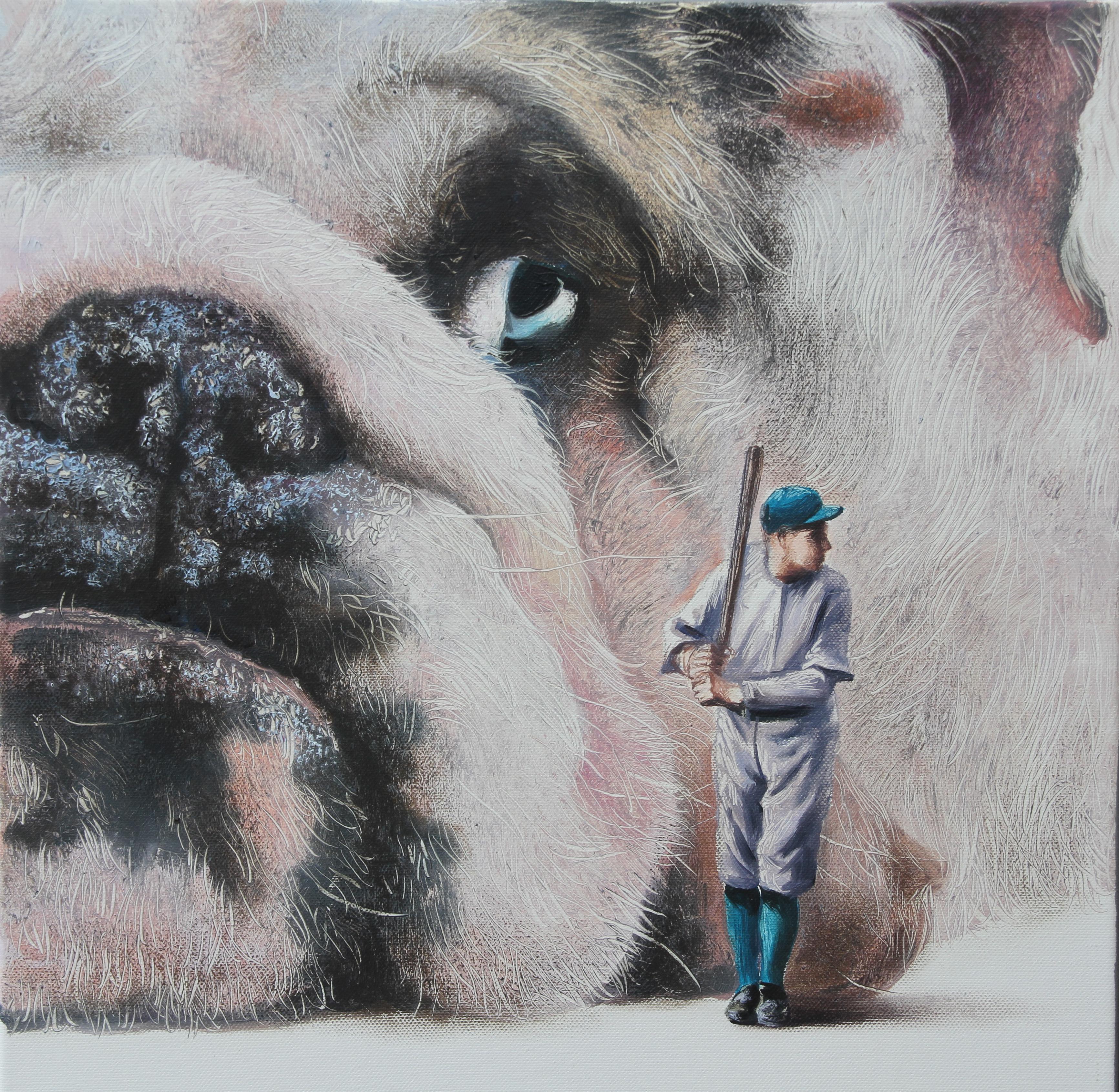 Tense (pet dog, bulldog, baseball, animal portrait art, surrealist oil painting) - Painting by Rudolf Kosow