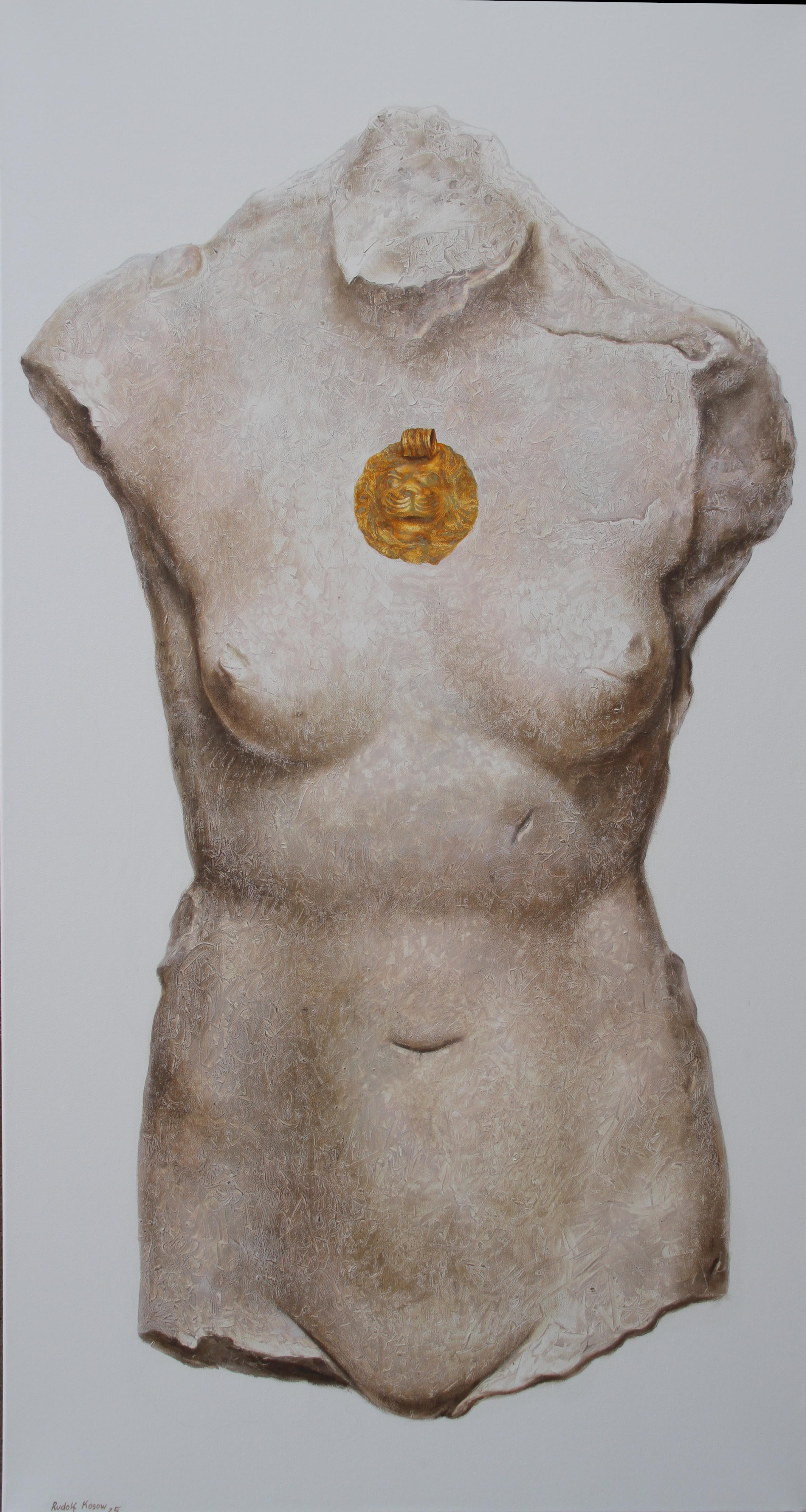 Rudolf Kosow Animal Painting - TORSO (surrealist oil painting sculpture woman figure stone marble beige)