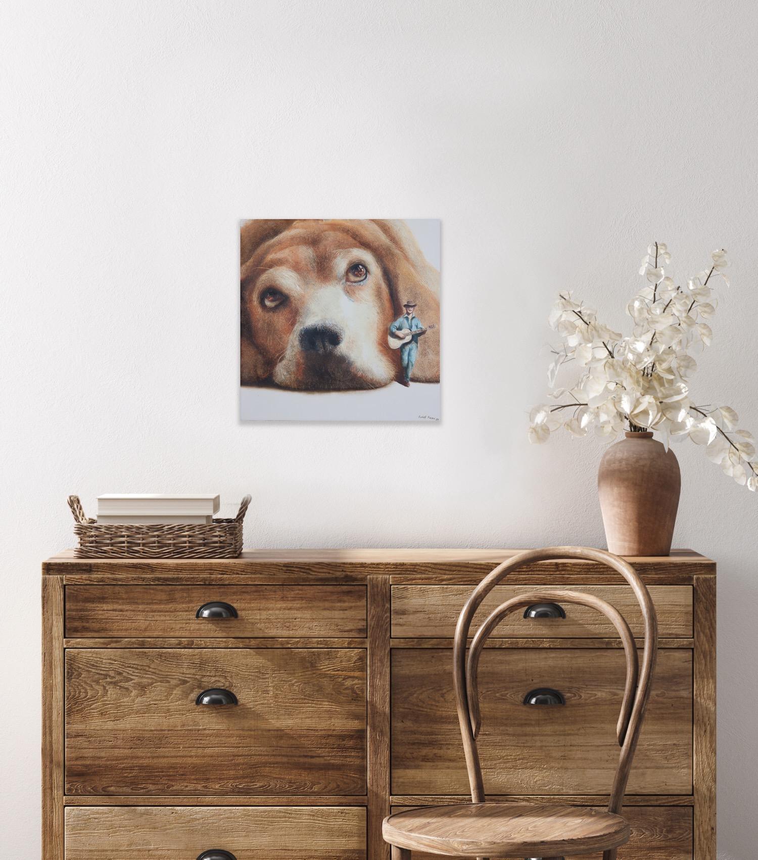 Tramp (pet dog, beagle, troubadour guitare, animal portrait, surrealist painting For Sale 2