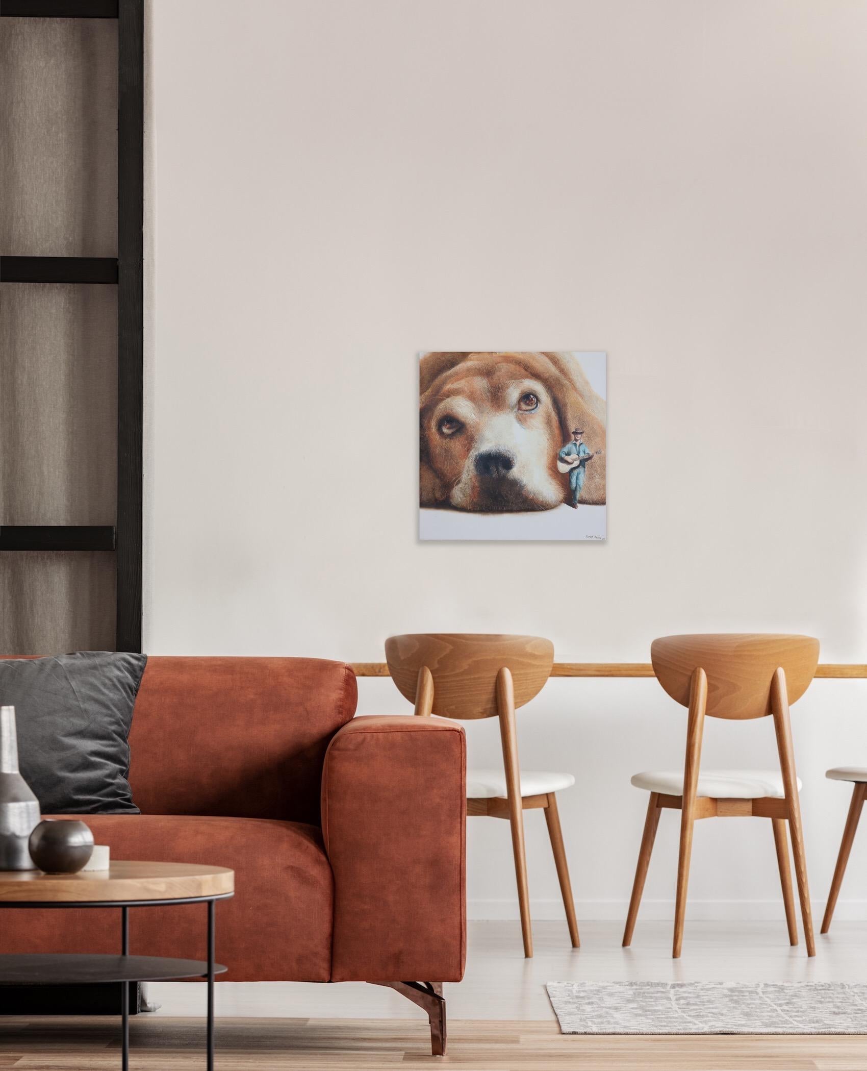 Tramp (pet dog, beagle, troubadour guitare, animal portrait, surrealist painting For Sale 3