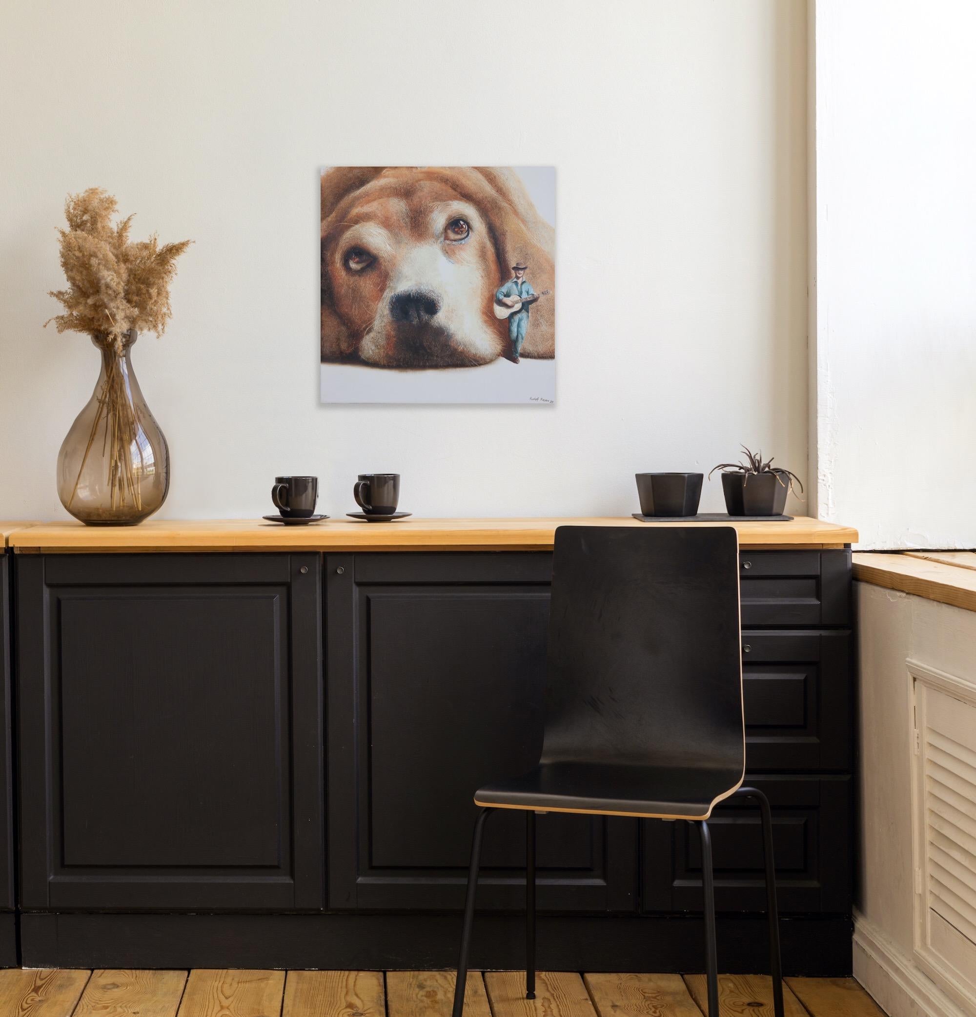 Tramp (pet dog, beagle, troubadour guitare, animal portrait, surrealist painting For Sale 9