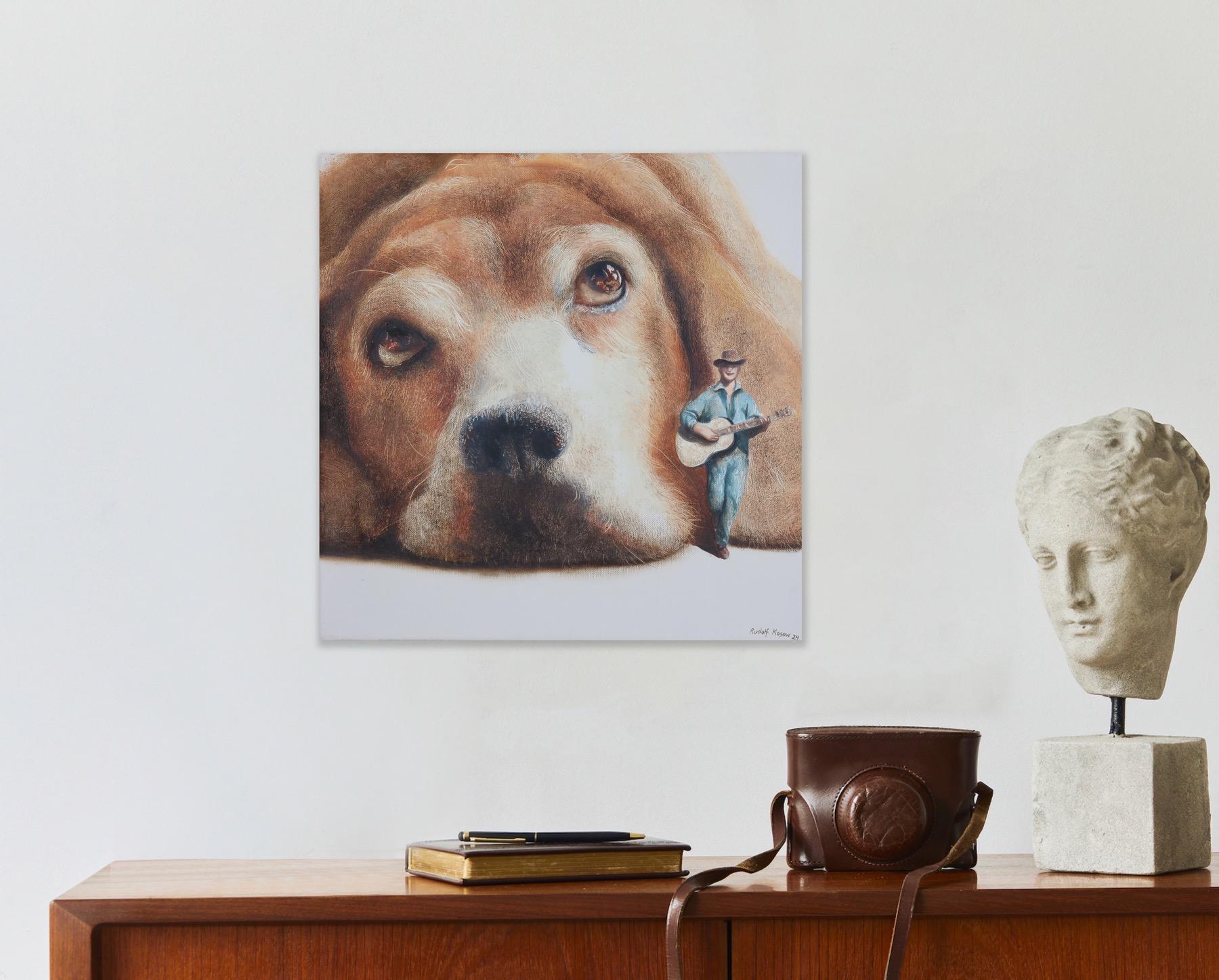 Tramp (pet dog, beagle, troubadour guitare, animal portrait, surrealist painting For Sale 4