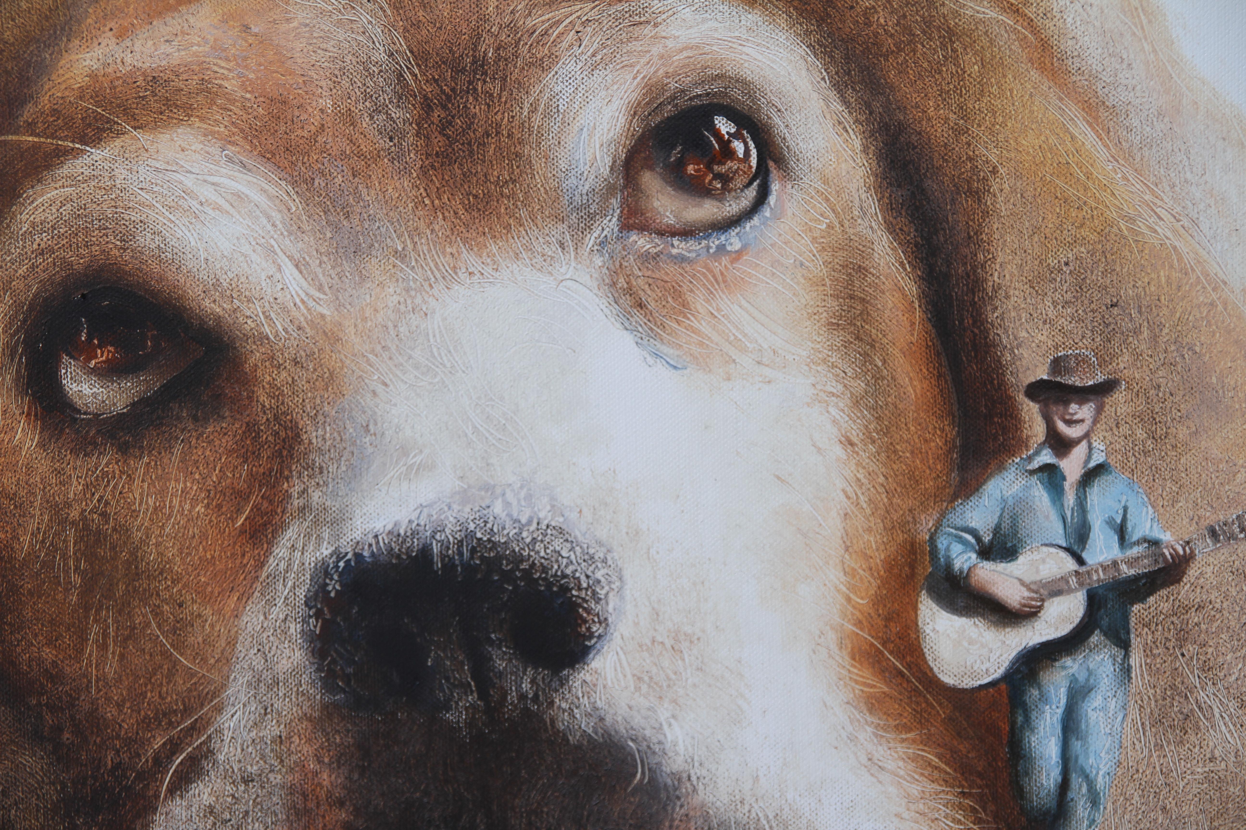 Tramp (pet dog, beagle, troubadour guitare, animal portrait, surrealist painting For Sale 5