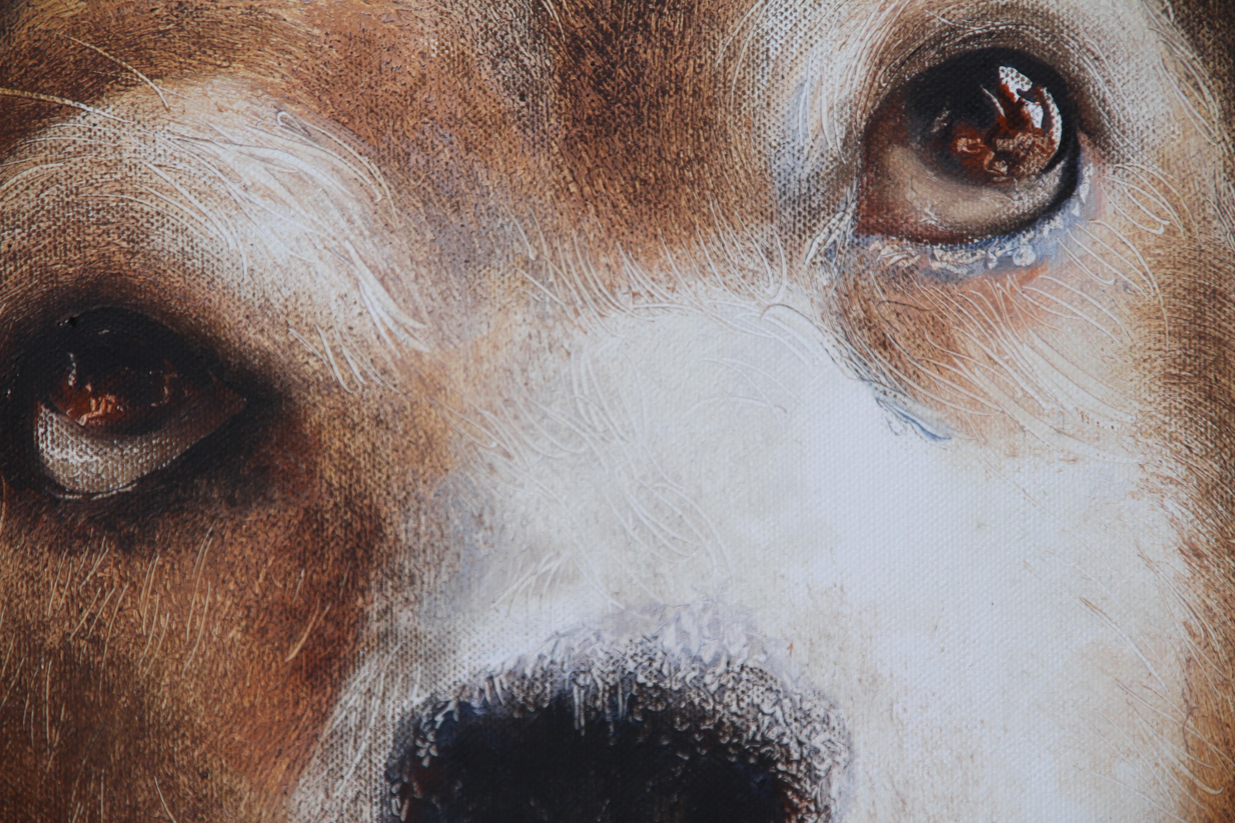 Tramp (pet dog, beagle, troubadour guitare, animal portrait, surrealist painting For Sale 6
