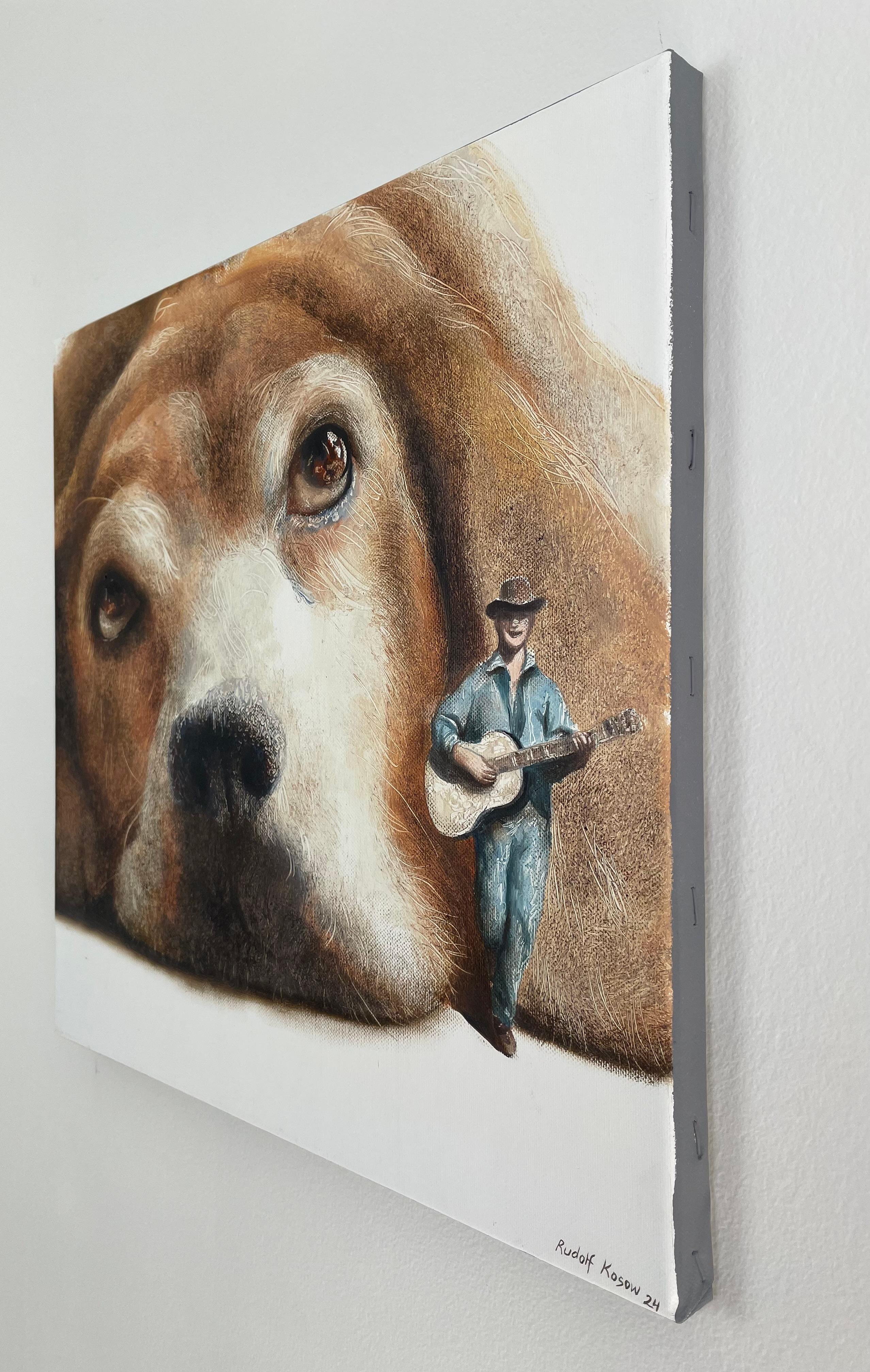 Tramp (pet dog, beagle, troubadour guitare, animal portrait, surrealist painting - Surrealist Painting by Rudolf Kosow