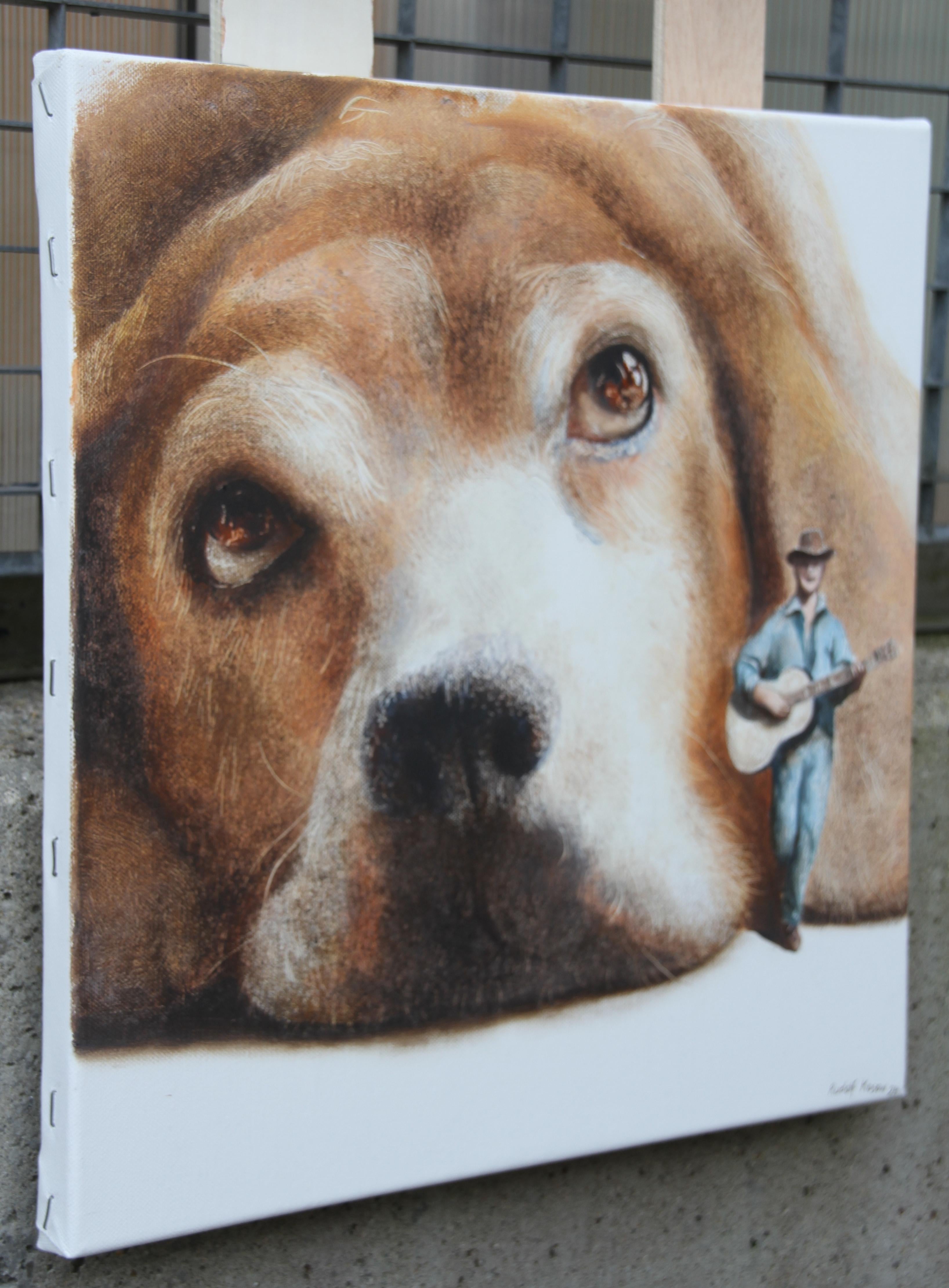 Tramp (pet dog, beagle, troubadour guitare, animal portrait, surrealist painting For Sale 7