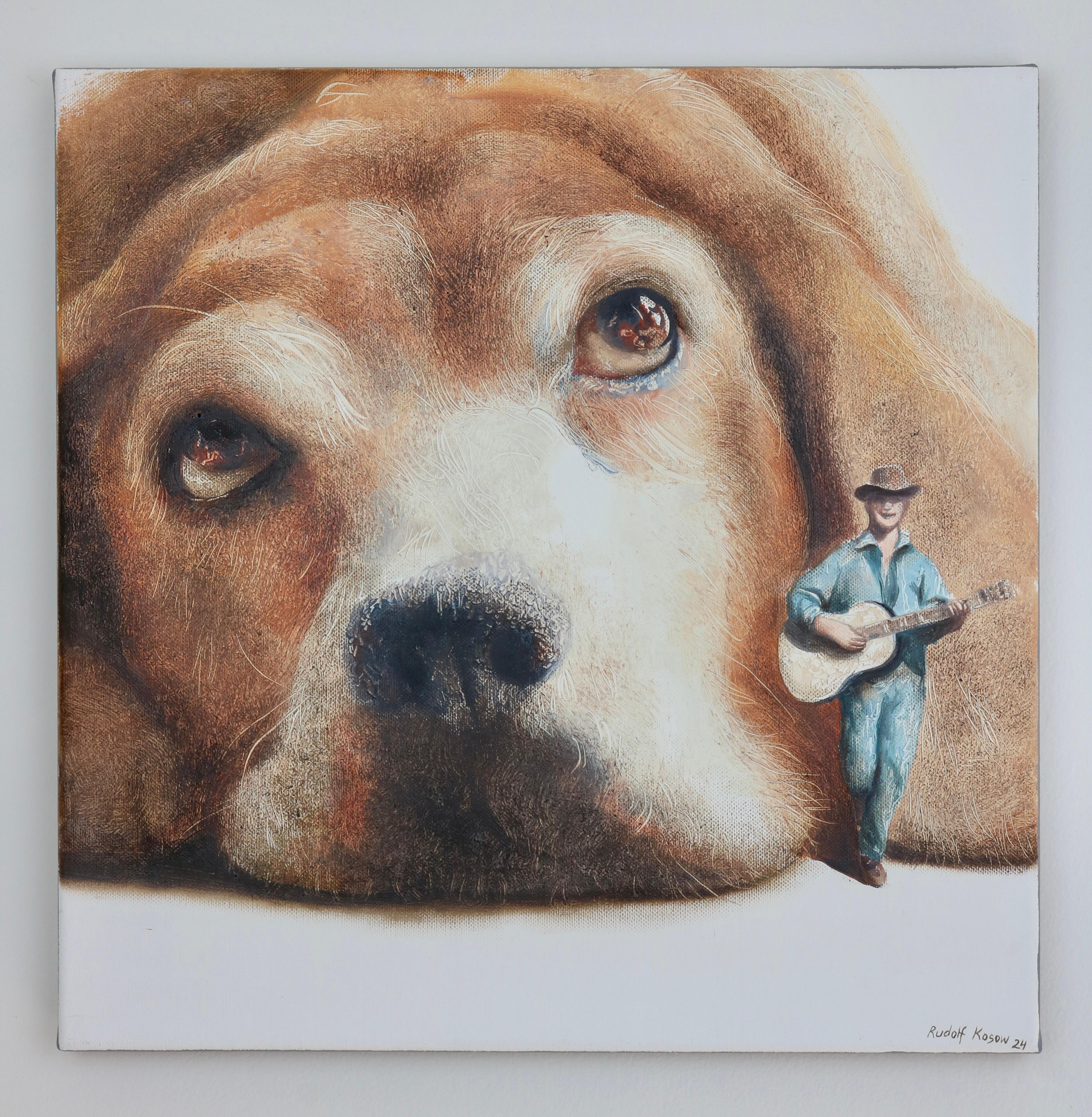 Tramp (pet dog, beagle, troubadour guitare, animal portrait, surrealist painting For Sale 1