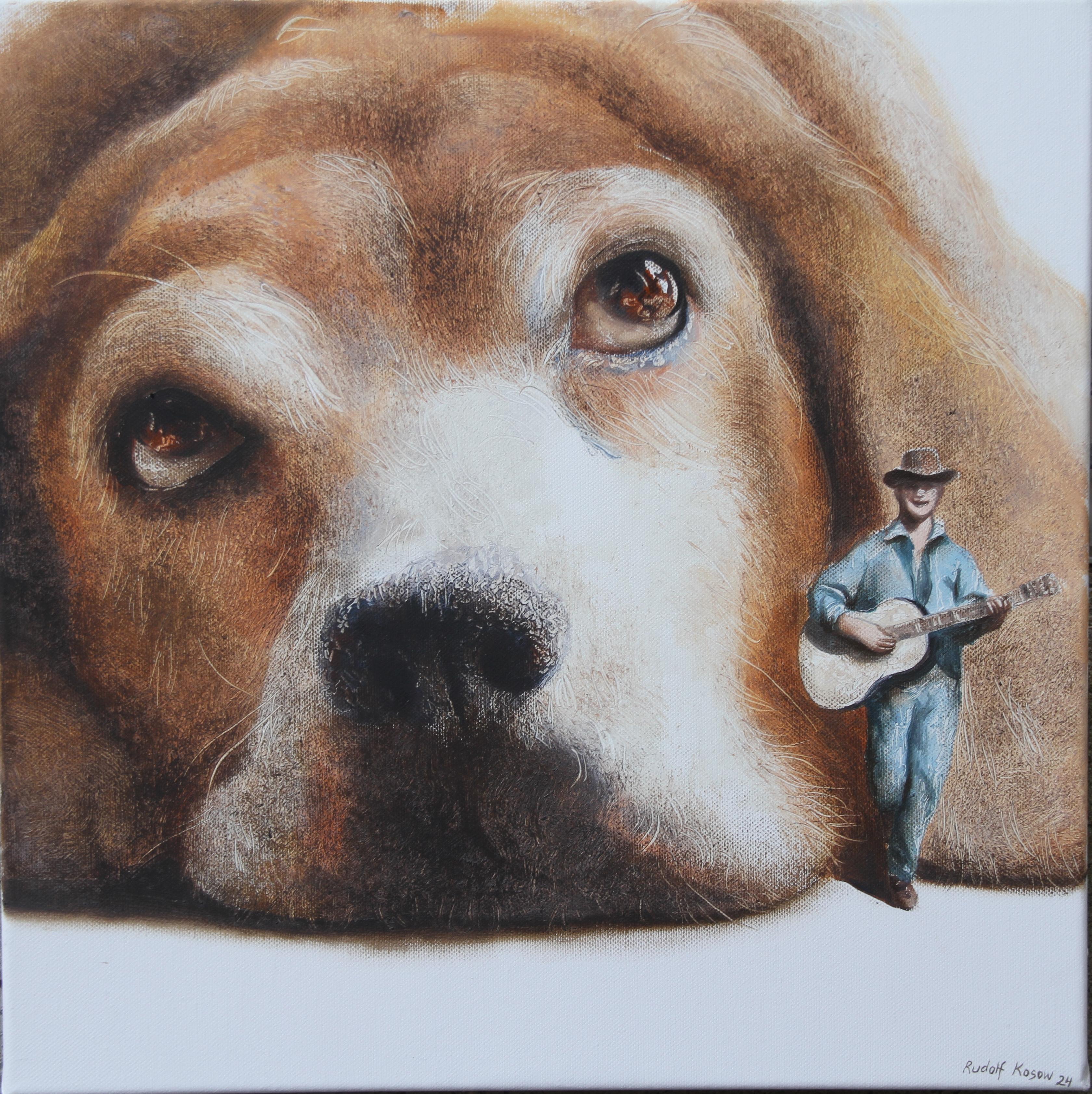 Tramp (pet dog, beagle, troubadour guitare, animal portrait, surrealist painting - Painting by Rudolf Kosow