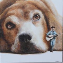 Tramp (Teppichhund, Beagle, Troubadour-Gitarrist, Tierporträt, surrealistische Malerei