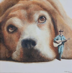 Tramp (Teppichhund, Beagle, Troubadour-Gitarrist, Tierporträt, surrealistische Malerei