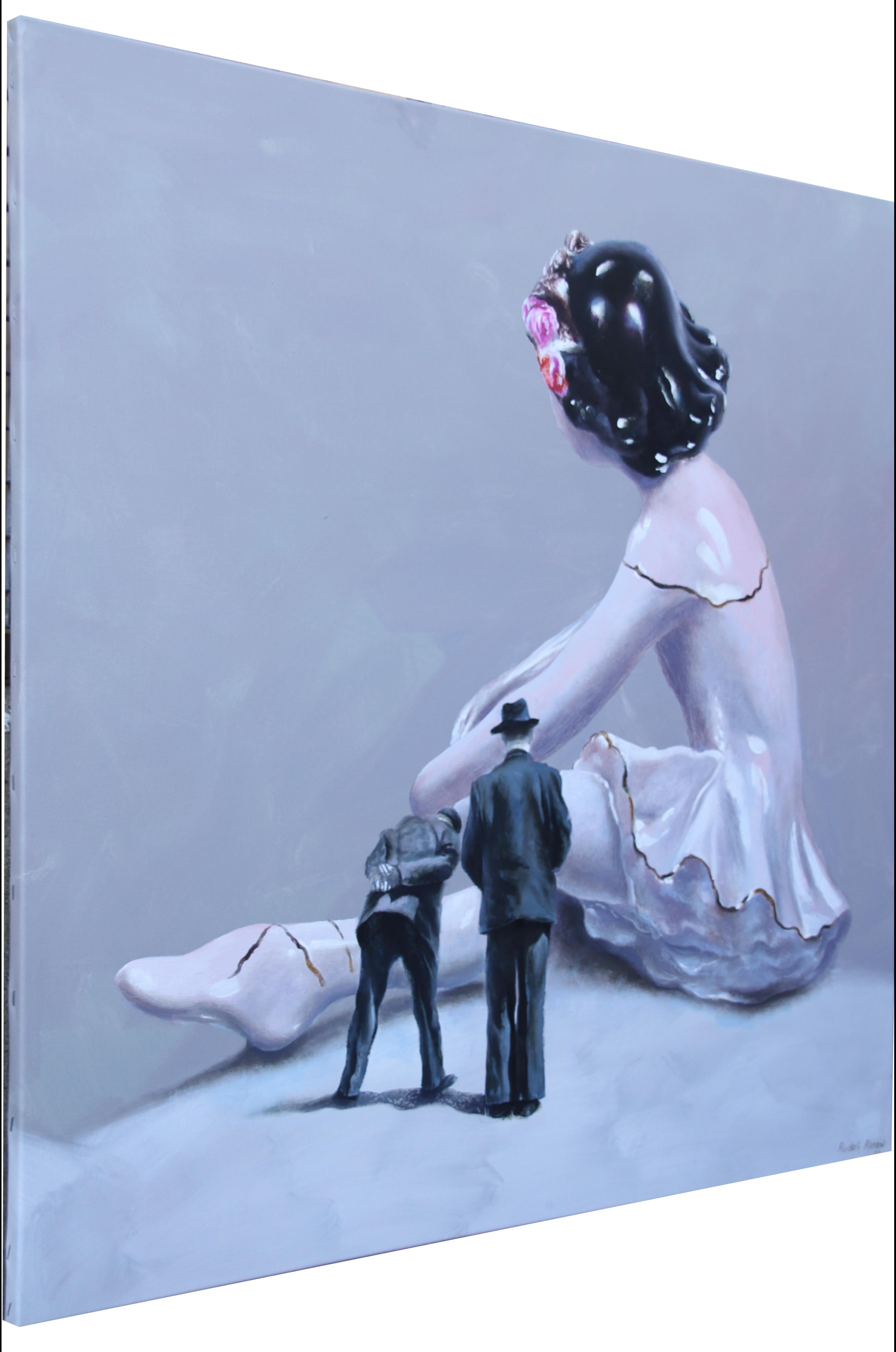 Tricky (ballerina porcelain trinket vintage hat men surrealist oil painting grey - Purple Figurative Painting by Rudolf Kosow